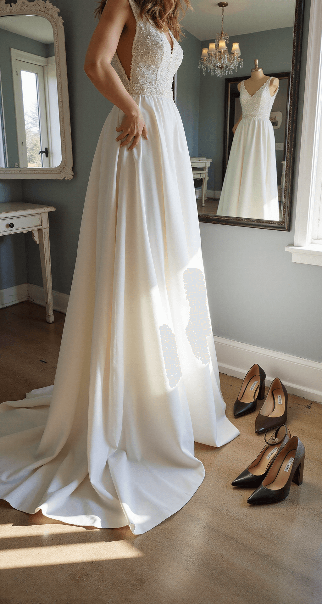 The Perfect Wedding Shoes: Your Complete A bride with flowing hair tries on block-heeled pumps in a contemporary bridal dress fitting room, surrounded by mirrors and elegant decor, with multiple shoe styles displayed nearby, all illuminated by soft, natural light.