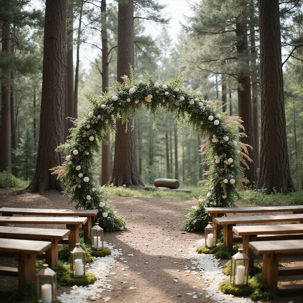 Flowers in Hair for Wedding: Your Ultimate Romantic Style Guide An ethereal woodland wedding ceremony in a clearing surrounded by towering pine trees, featuring a circular floral arch with white roses and pampas grass, wooden benches arranged in a semi-circle, wildflower bouquets, lanterns on a moss-lined aisle, and white rose petals scattered throughout, all illuminated by soft afternoon light.