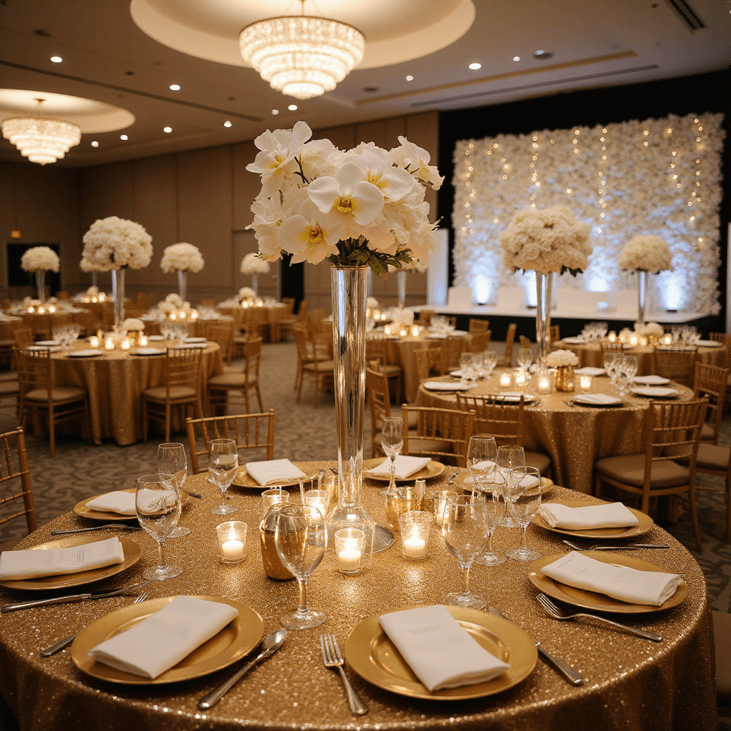 Flowers in Hair for Wedding: Your Ultimate Romantic Style Guide A luxurious ballroom for a glamorous wedding reception, featuring gold sequin tablecloths, elegant floral centerpieces, crystal chandeliers, and a grand sweetheart table adorned with white roses and fairy lights, all captured from a low angle near the entrance.