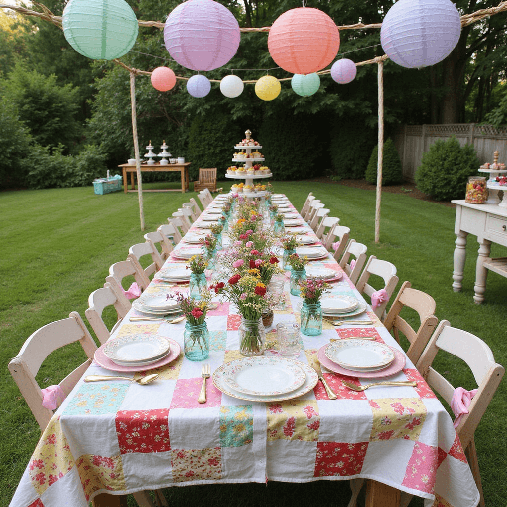 Flowers in Hair for Wedding: Your Ultimate Romantic Style Guide A vibrant backyard bridal shower features a long picnic table adorned with a patchwork quilt, mismatched pastel china, and mason jar centerpieces filled with wildflowers. Colorful paper lanterns and balloons create a playful overhead canopy, while a dessert station showcases homemade cupcakes and fresh fruit. The scene is captured from an elevated angle, highlighting the cheerful tablescape and surrounding garden.