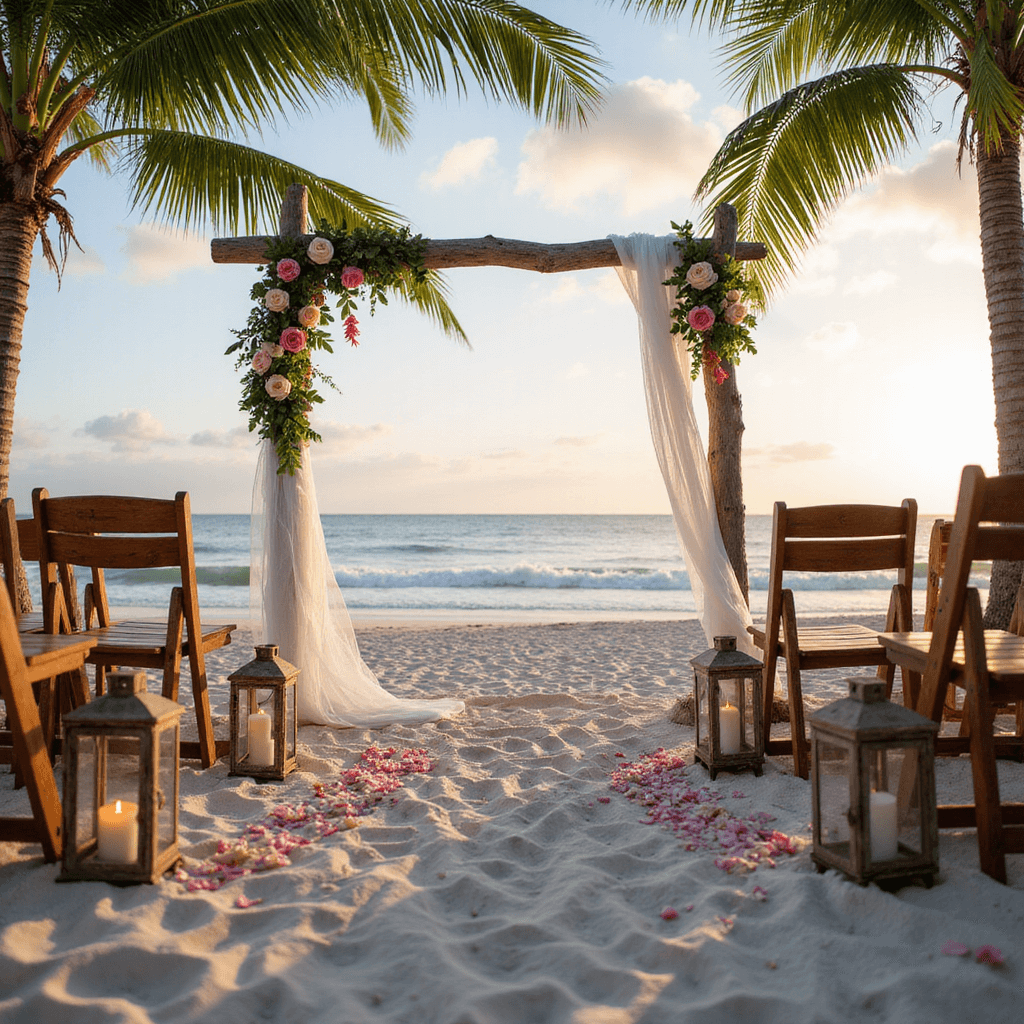 Wedding Flowers: Your Complete Guide to Creating Magical Moments A serene sunrise wedding ceremony on a secluded beach, featuring wooden chairs, lanterns, a driftwood arch adorned with white fabric and tropical flowers, an aisle decorated with seashells and pink rose petals, and pastel skies.