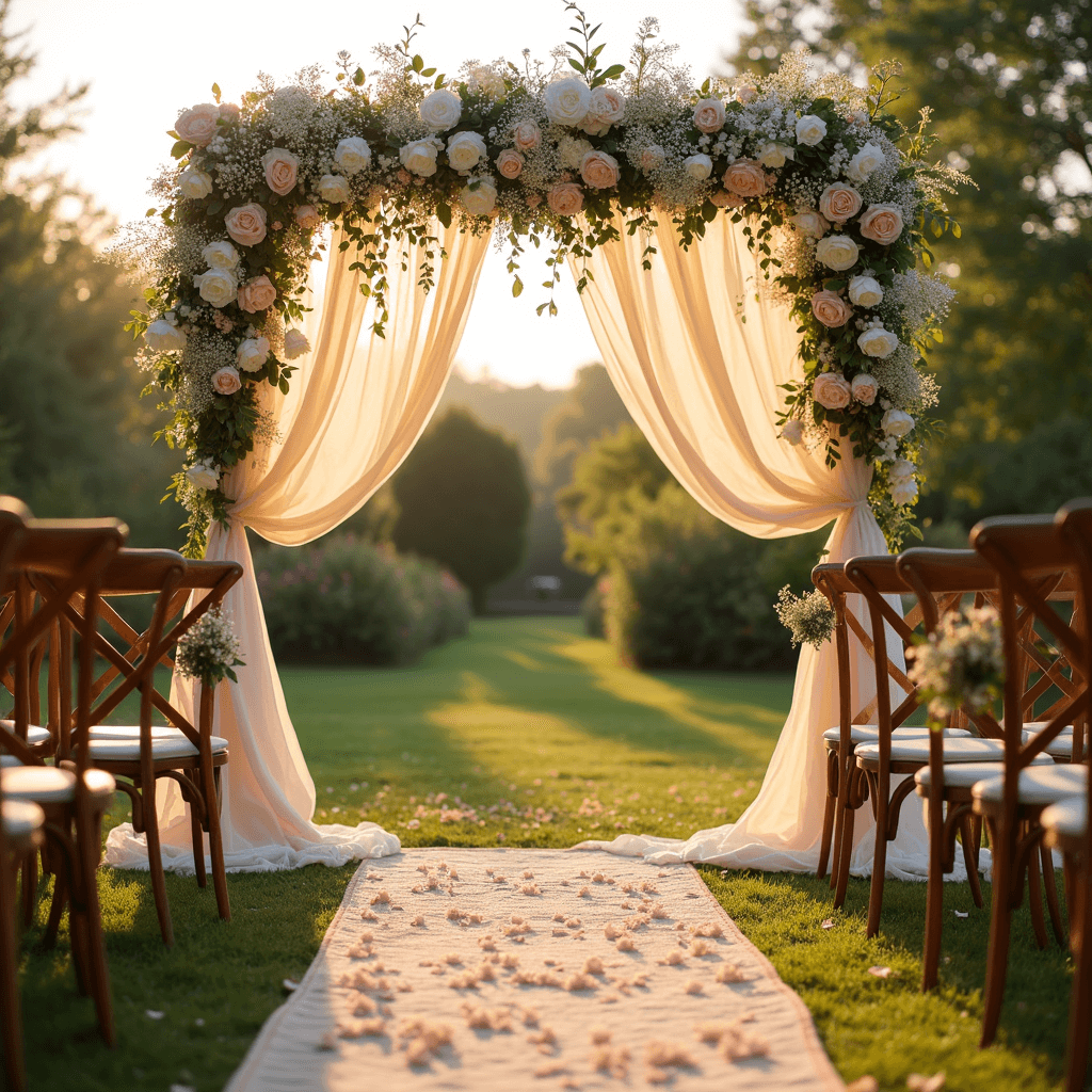 Wedding Ceremony Altar Flowers: Your Ultimate Guide to Creating a Breathtaking Backdrop A picturesque outdoor wedding ceremony at golden hour, featuring an ornate floral arch with ivory roses and blush peonies, framed by soft chiffon drapes. Wooden cross-back chairs lined with wildflower posies lead down a vintage carpet runner sprinkled with rose petals, all bathed in warm, magical light filtering through the trees.