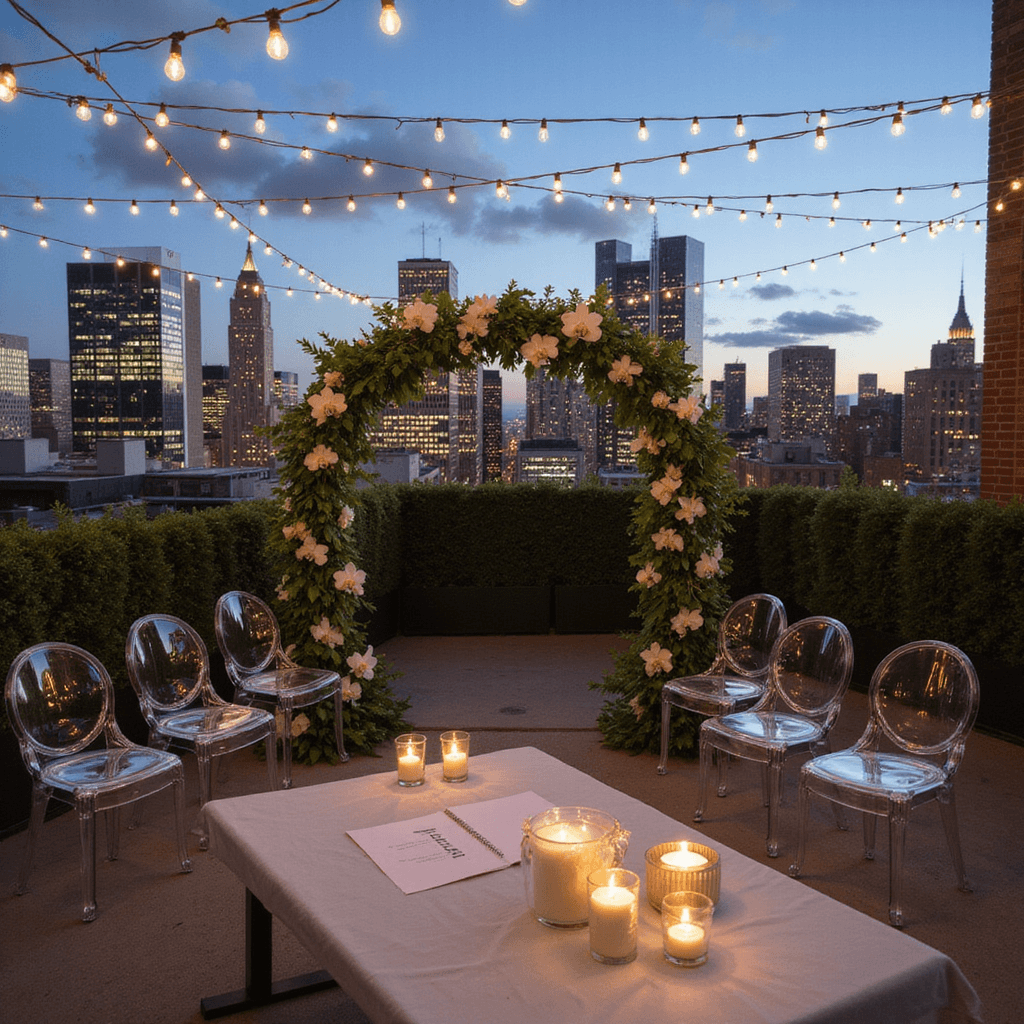 Wedding Ceremony Altar Flowers: Your Ultimate Guide to Creating a Breathtaking Backdrop An intimate rooftop wedding at twilight featuring a modern geometric arch adorned with greenery and white orchids, with ghost chairs arranged in a semicircle, twinkling fairy lights overhead, and the city skyline glowing in the background. A minimalist guest book and elegant candle groupings are visible on a statement table in the foreground.