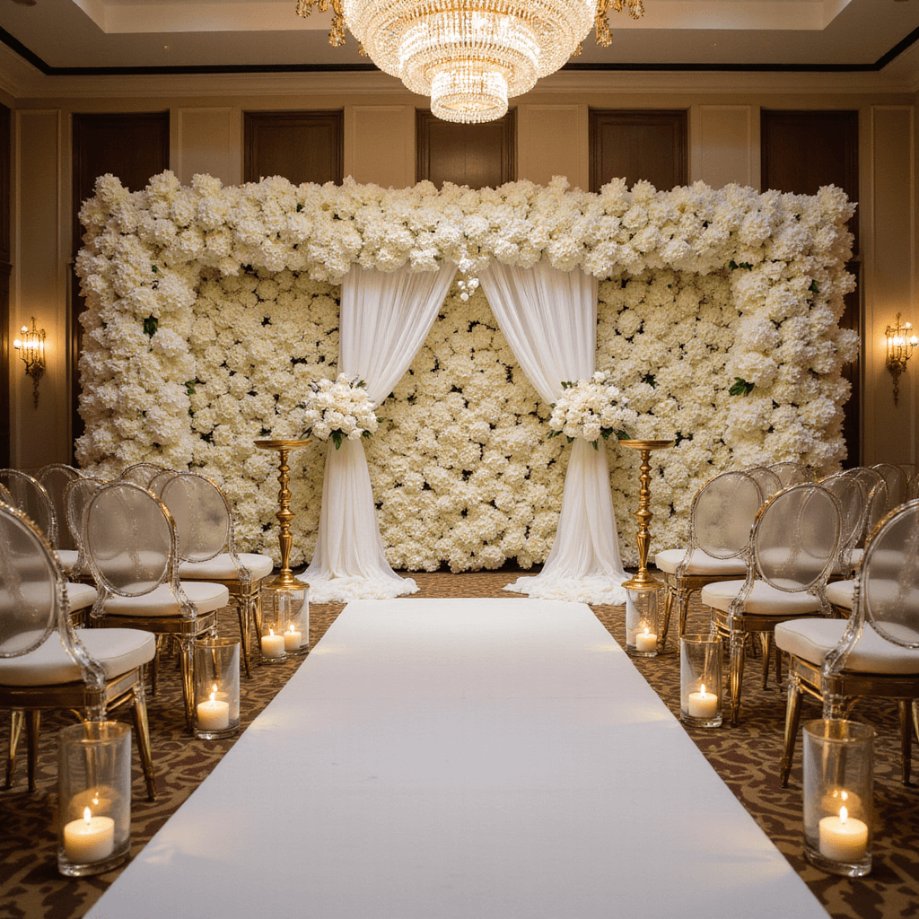 Wedding Ceremony Altar Flowers: Your Ultimate Guide to Creating a Breathtaking Backdrop An opulent ballroom wedding ceremony at dusk, featuring a grand floral wall of white hydrangeas, roses, orchids, and gold leaves, an acrylic chuppah with draped ivory fabric and crystal chandeliers, ghost chairs with gold cushions and small bouquets of white calla lilies, a luxurious white carpeted aisle lined with glass cylinders holding floating candles, ornate gold candelabras at the altar, and a sparkling grand crystal chandelier overhead, all illuminated by soft uplighting.