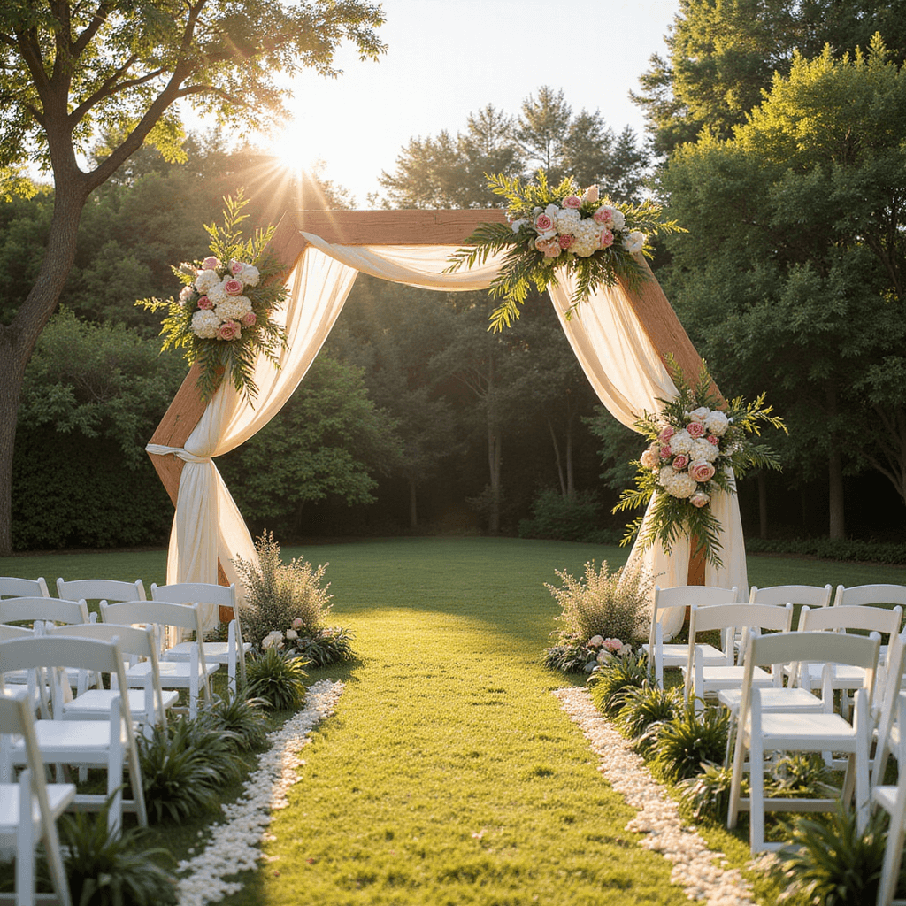 Hexagon Wedding Arch: The Ultimate Guide to Creating a Stunning Ceremony Backdrop A golden hour wedding ceremony in a lush garden featuring a large hexagon arch adorned with blush and cream floral arrangements, with draped ivory fabric. Rows of white chairs are arranged in front, accented by baby's breath and eucalyptus aisle markers, all bathed in warm, soft light.