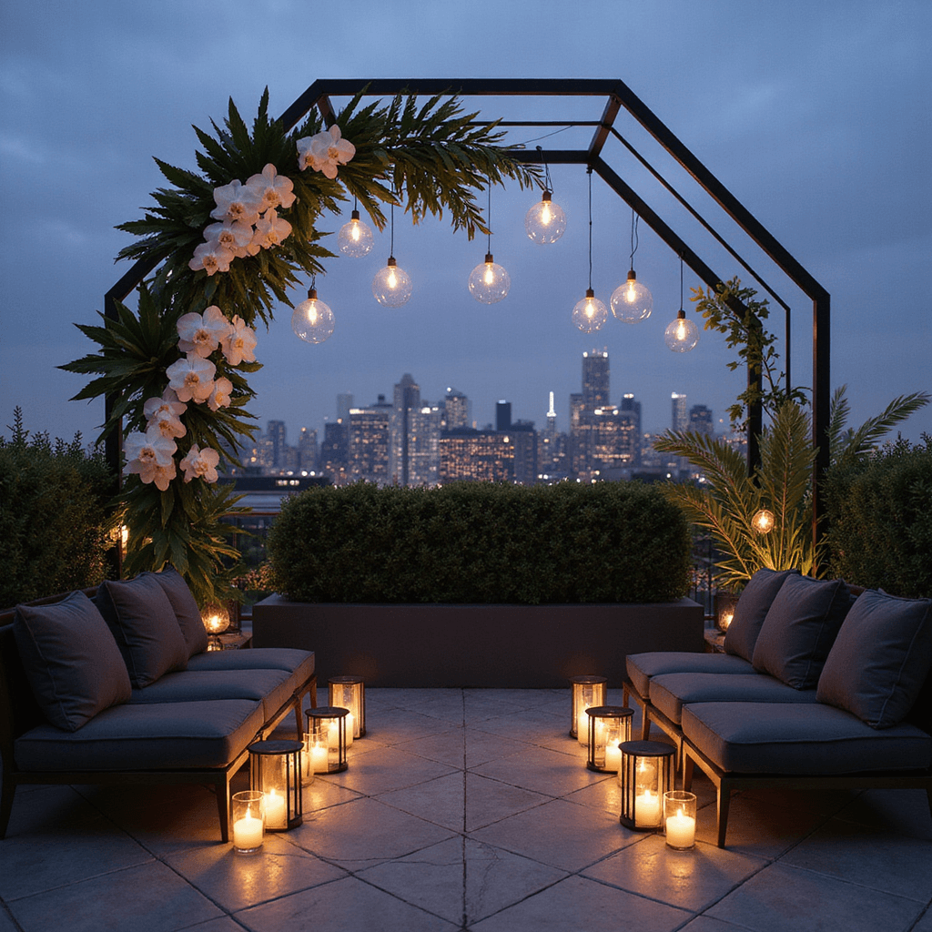 Hexagon Wedding Arch: The Ultimate Guide to Creating a Stunning Ceremony Backdrop An intimate rooftop terrace wedding at dusk featuring a minimalist hexagon arch made of sleek black metal, decorated with white orchids and monstera leaves, surrounded by low charcoal velvet lounge seating, geometric tile patterns on the floor, and candlelight flickering from hurricane lanterns, all against a backdrop of a twinkling city skyline.