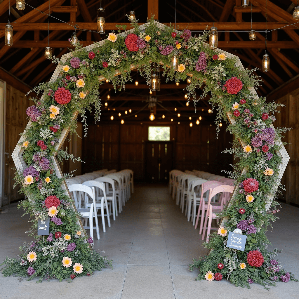 Hexagon Wedding Arch: The Ultimate Guide to Creating a Stunning Ceremony Backdrop A rustic barn interior features a hexagon arch adorned with vibrant wildflowers in jewel tones, surrounded by trailing greenery and fairy lights. Mismatched pastel chairs face the arch, marked with hand-painted family signs, while suspended mason jars with candles hang above, creating a magical atmosphere.