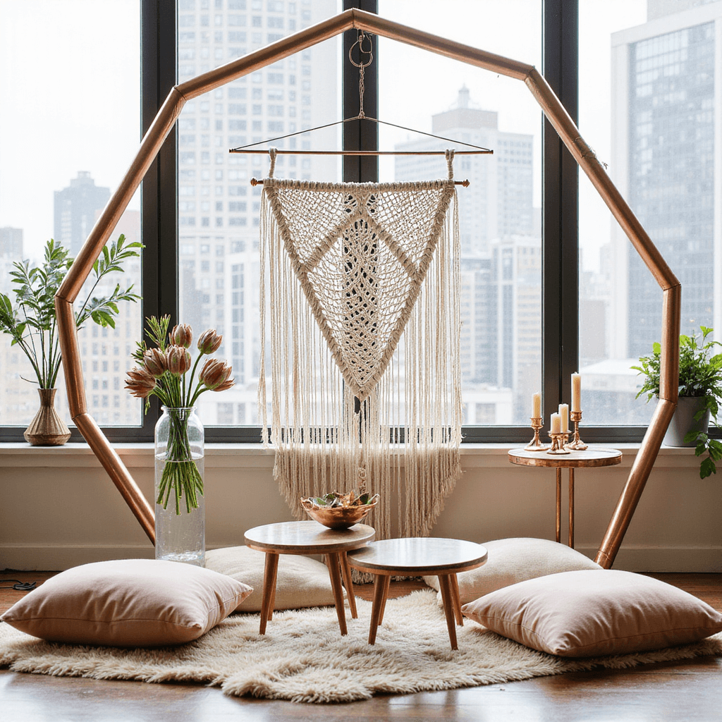 Hexagon Wedding Arch: The Ultimate Guide to Creating a Stunning Ceremony Backdrop A modern, minimalist wedding setup in a living room featuring a rose gold hexagon arch with a macramé backdrop, surrounded by geometric vases holding proteas, and an intimate seating arrangement with blush and cream cushions, complemented by copper accents.