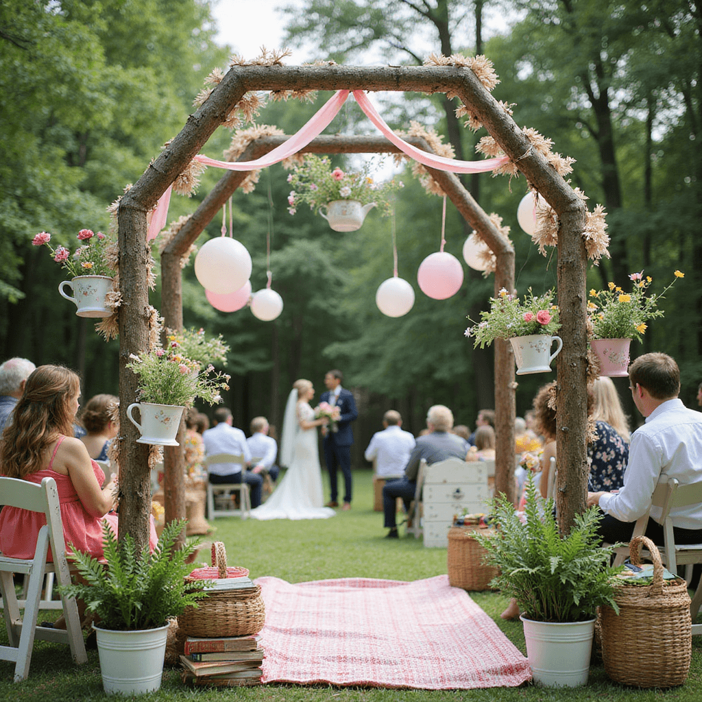 Hexagon Wedding Arch: The Ultimate Guide to Creating a Stunning Ceremony Backdrop A whimsical garden party scene featuring a DIY hexagon arch made of birch branches adorned with colorful ribbon streamers and paper flowers, with mismatched china teacups filled with wildflowers hanging by satin ribbons. Vintage ladders hold potted ferns and stacks of old books, while guests relax on mix-and-match chairs and picnic blankets, with wicker baskets marking the aisle. Pastel balloons float overhead in a dreamy, slightly overexposed shot.
