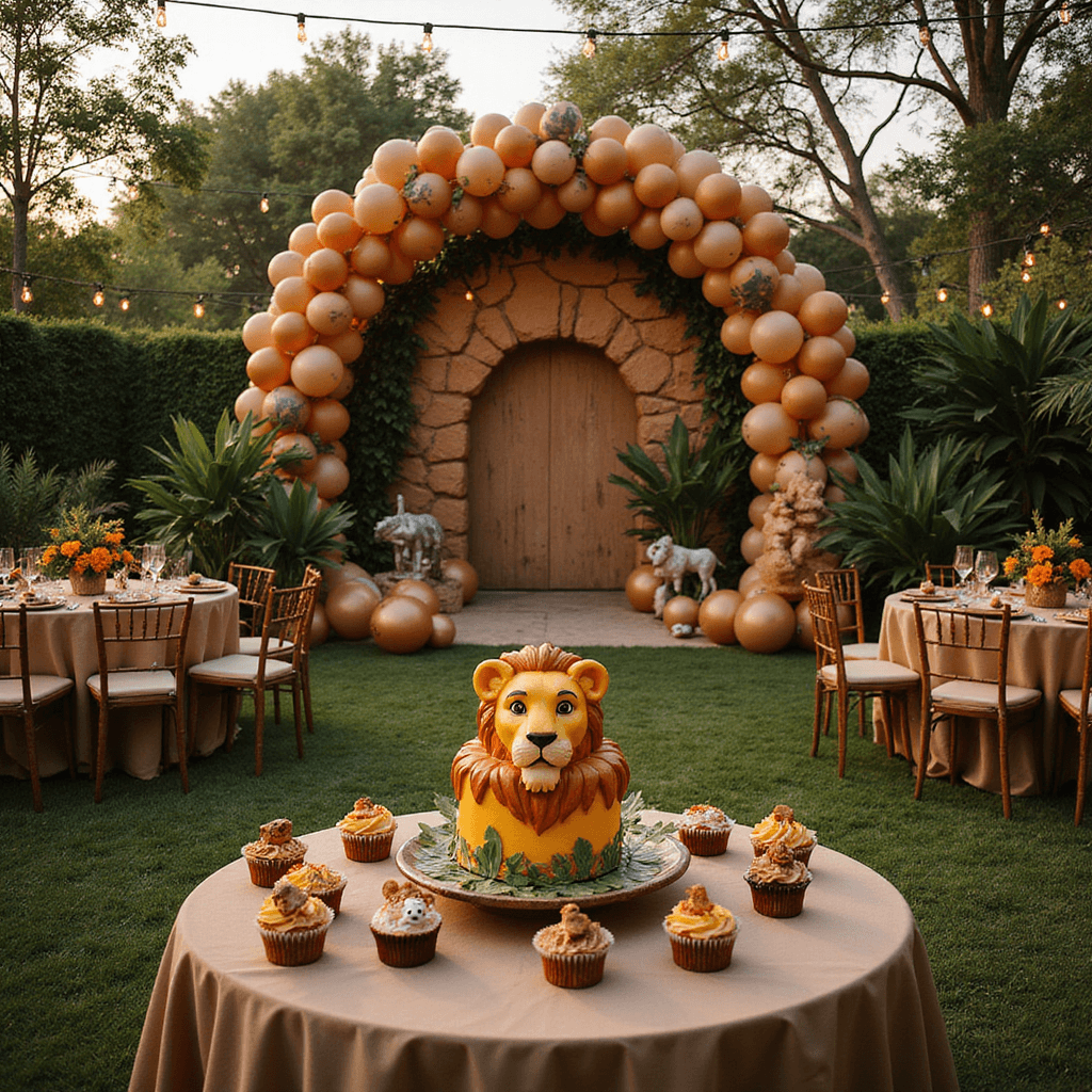 Unleash the Magic: Ultimate Lion King Birthday Party Guide A vibrant outdoor garden party inspired by The Lion King, featuring a balloon arch, earthy-themed tables with tropical decorations, a 'Pride Rock' photo booth, and a dessert table with a lion-themed cake and animal cupcakes, all illuminated by twinkling fairy lights at golden hour.