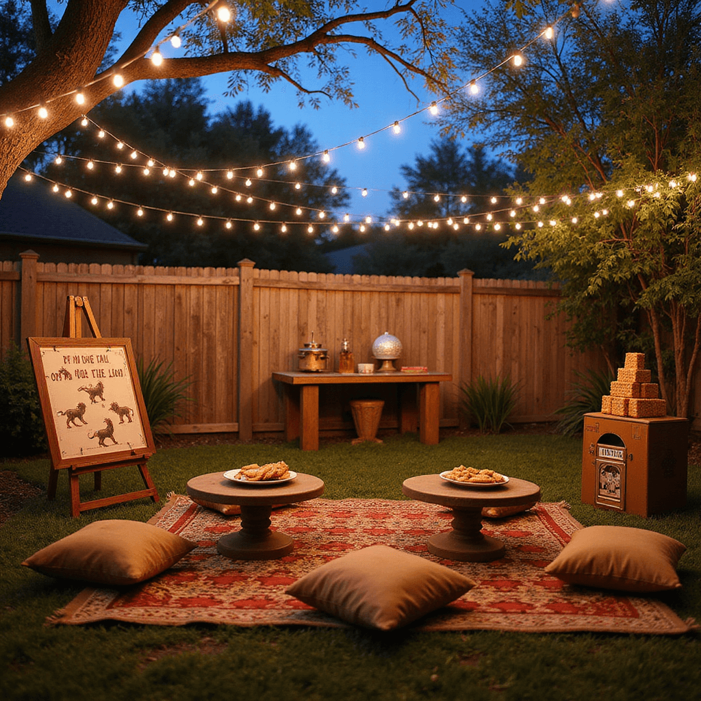 Unleash the Magic: Ultimate Lion King Birthday Party Guide A whimsical Pride Lands-inspired backyard at twilight featuring warm string lights, a 'Pin the Tail on the Lion' game on an easel, picnic seating with low tables and earth-toned pillows on African print rugs, a 'Hakuna Matata Dance Party' area with a DIY jukebox and disco ball, and a treat table adorned with lion-shaped cookies and a tall cake resembling stacked animal crackers.