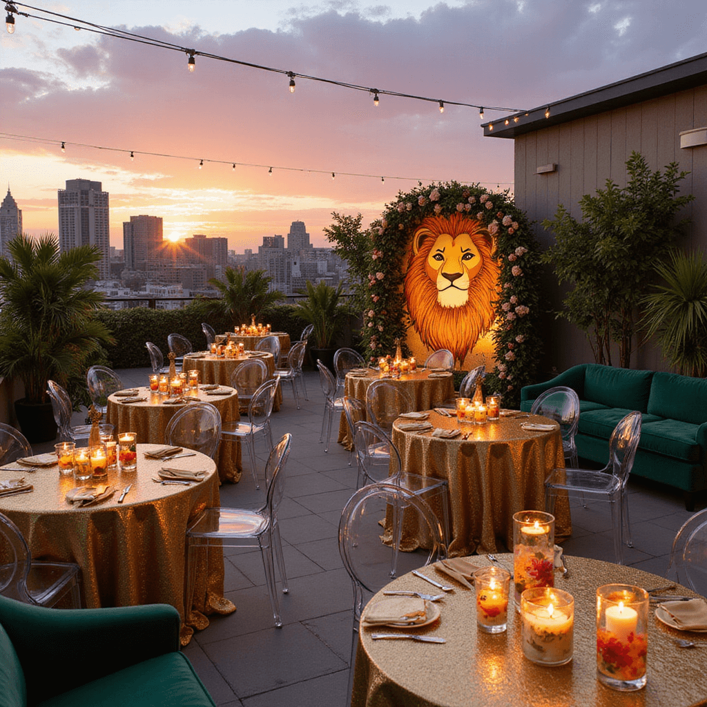 Unleash the Magic: Ultimate Lion King Birthday Party Guide Stylish rooftop terrace set for an upscale Lion King soirée at sunset, featuring high-top tables with gold sequin linens, acrylic ghost chairs, oversized floral arrangement of Simba's face, floating candles in glass cylinders, themed cocktail bar, and a cozy lounge area with deep green velvet sofas.