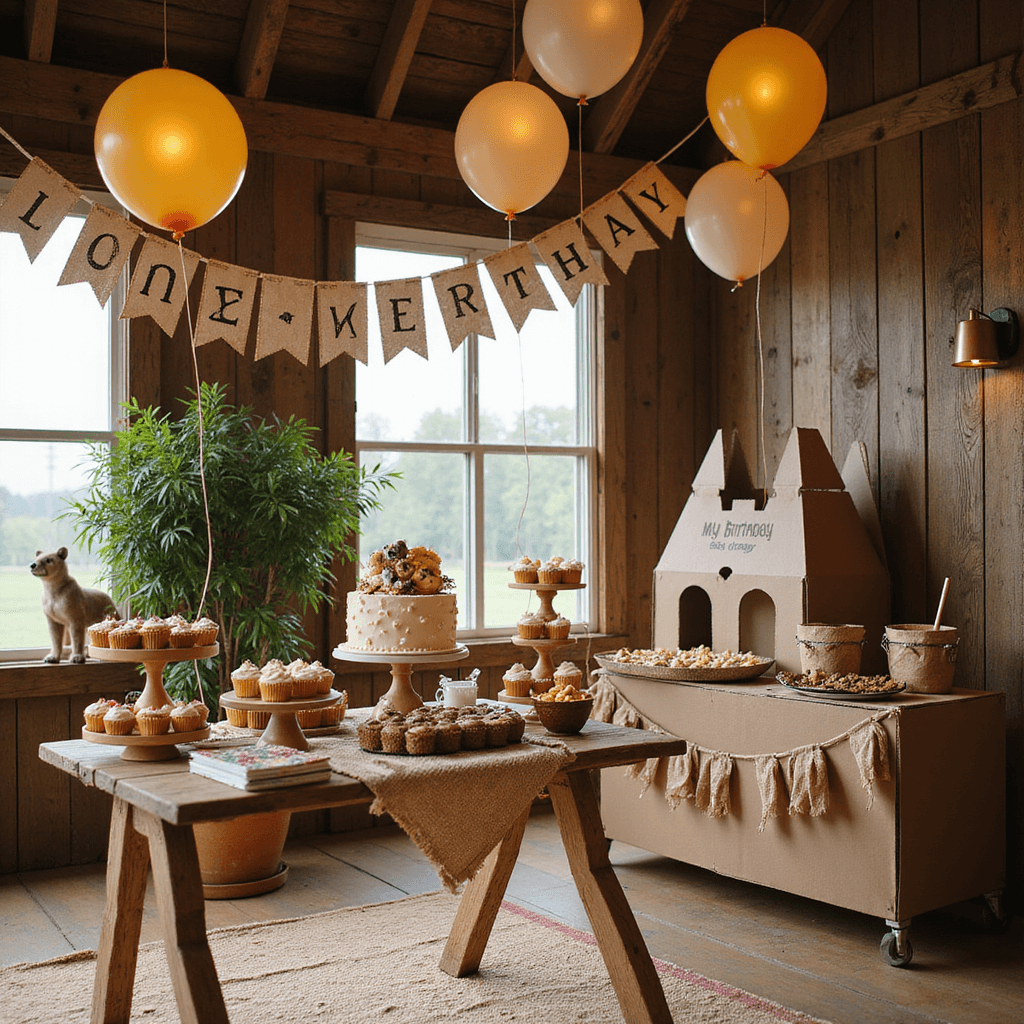 Unleash the Magic: Ultimate Lion King Birthday Party Guide A rustic barn interior decorated for a Lion King first birthday celebration, featuring a fondant storybook cake, character cupcakes, burlap bunting, and a Jungle Scavenger Hunt activity station, illuminated by soft morning light.
