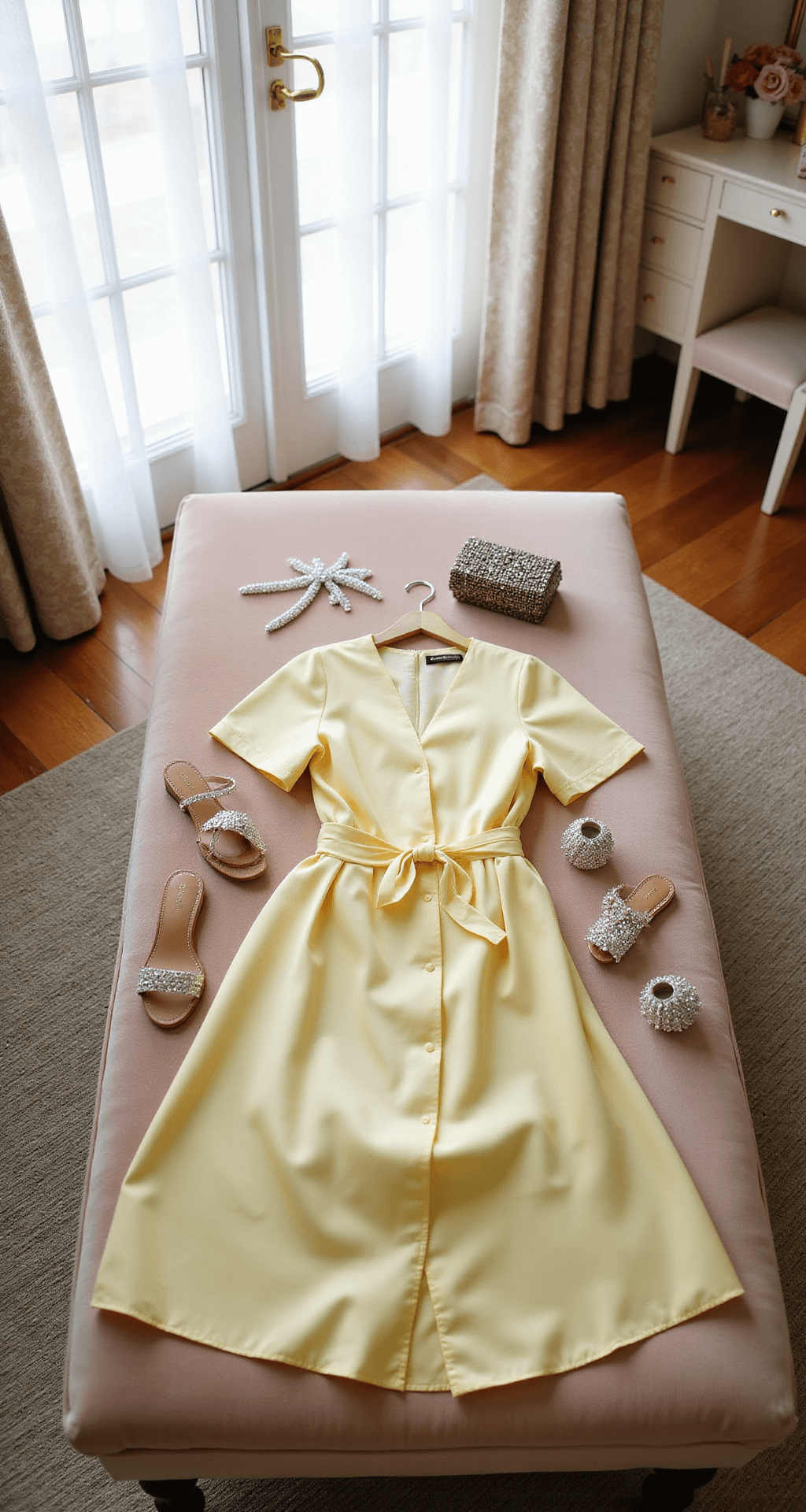 Spring Wedding Guest Dress Guide: Your Ultimate Style Guide for 2024 Bright and airy dressing room with vintage-inspired decor, showcasing a pale yellow silk charmeuse wrap dress on a plush velvet ottoman, surrounded by crystal hairpins, metallic strappy sandals, and a beaded clutch, all illuminated by natural light.