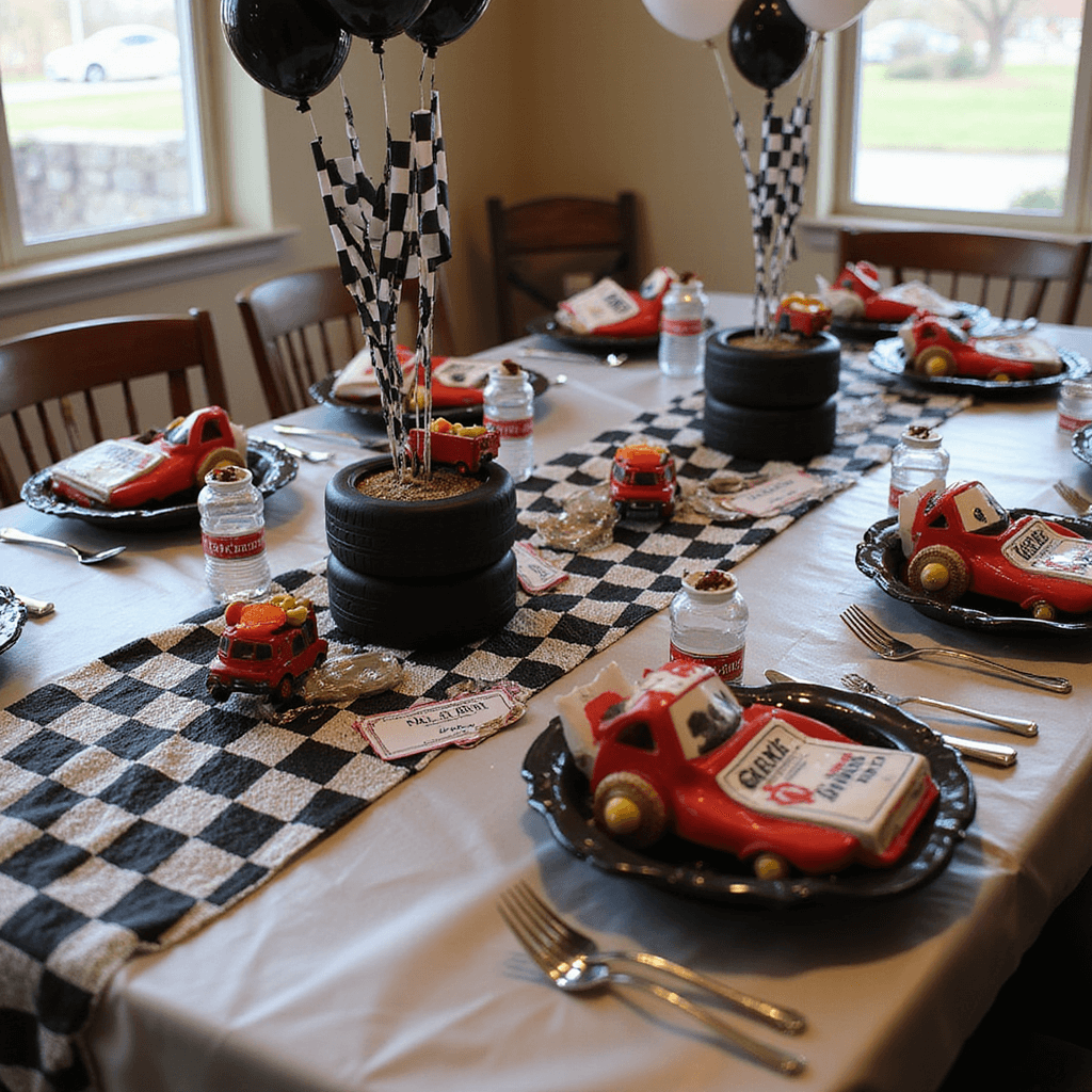 Race Car Birthday Party: The Ultimate Guide to a High-Octane Celebration Close-up of a race car themed birthday party table with metallic silver cloth, checkered runner, race car plates, driver's license place cards, tire-shaped napkins, mini car centerpieces, black-red-white balloons, personalized water bottle labels, and racing flags, illuminated by soft natural light.