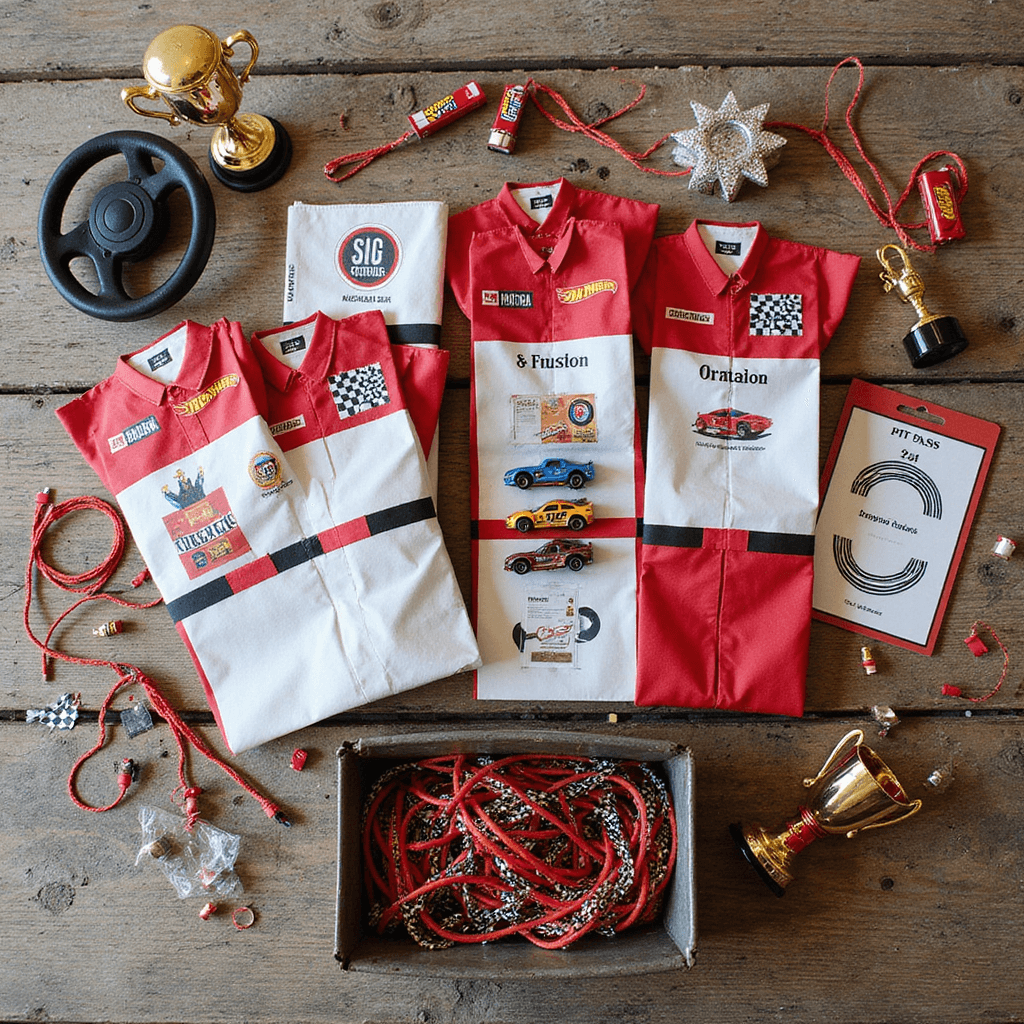 Race Car Birthday Party: The Ultimate Guide to a High-Octane Celebration An overhead view of a race car-themed party favor station on a distressed wood table, featuring personalized goodie bags resembling race car driver uniforms, Hot Wheels cars, checkered flag temporary tattoos, and 'pit pass' lanyards, alongside a vintage metal toolbox filled with red and black licorice 'jumper cables', a toy steering wheel, mini trophies, and tire track-shaped confetti.