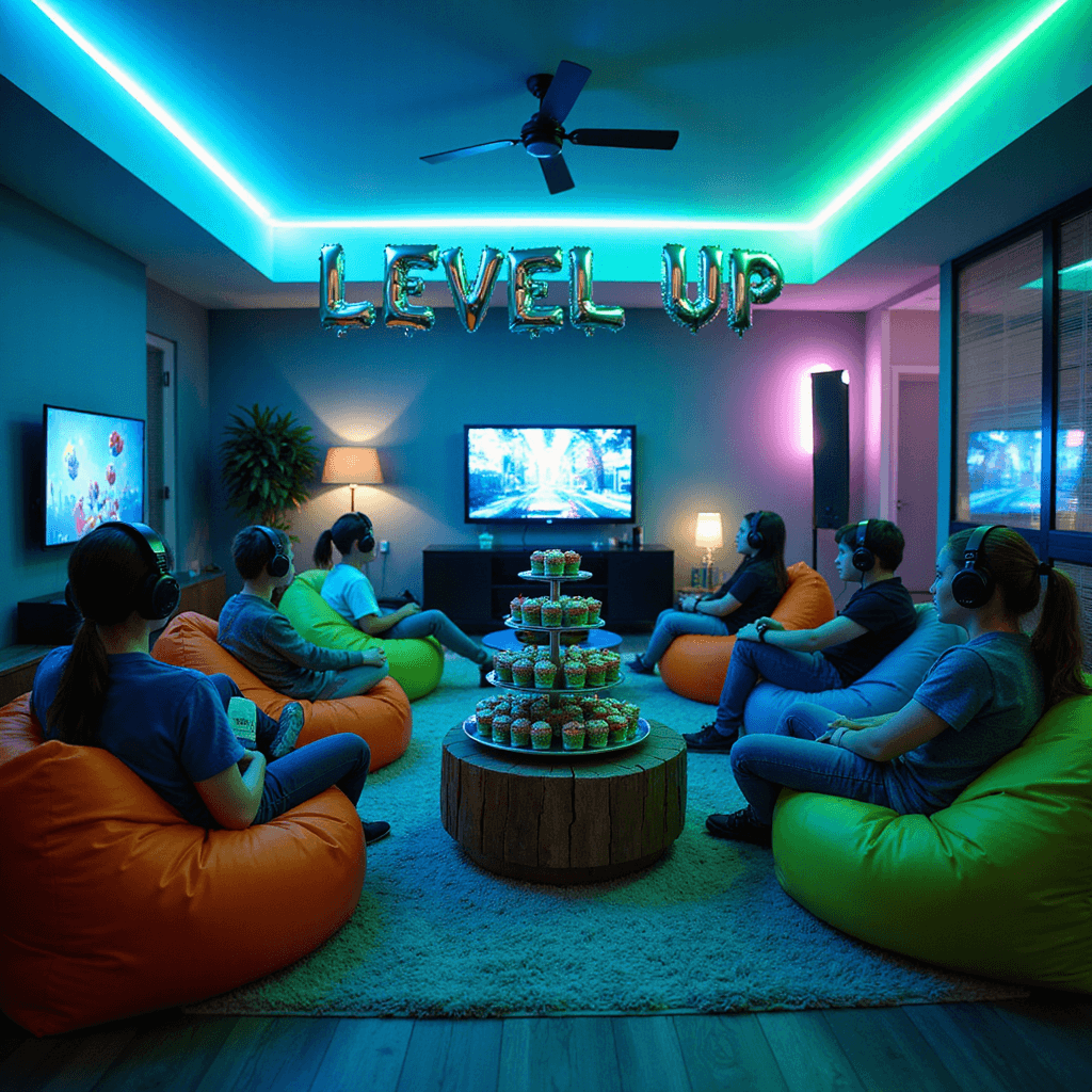 Epic Boys' Birthday Party Ideas: The Ultimate Guide to Unforgettable Celebrations A spacious, modern apartment living room transformed into a vibrant Gaming Paradise birthday party, featuring neon blue and green lighting, multiple gaming stations with large TVs, colorful bean bag chairs, a central snack bar with Minecraft-themed treats, and holographic-style balloons spelling 'LEVEL UP', filled with excited kids in gaming headsets. Boys Birthday Party
