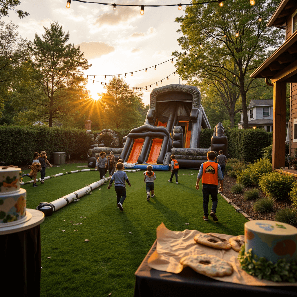Epic Boys' Birthday Party Ideas: The Ultimate Guide to Unforgettable Celebrations An Adventure Wonderland birthday celebration in a lush backyard at golden hour, featuring a Nerf battle arena with inflatable barriers, foam dart targets, and a camouflage command tower, fairy lights overhead, an adventure-themed dessert table with a map cake and compass cookies, and kids in explorer vests navigating an obstacle course.