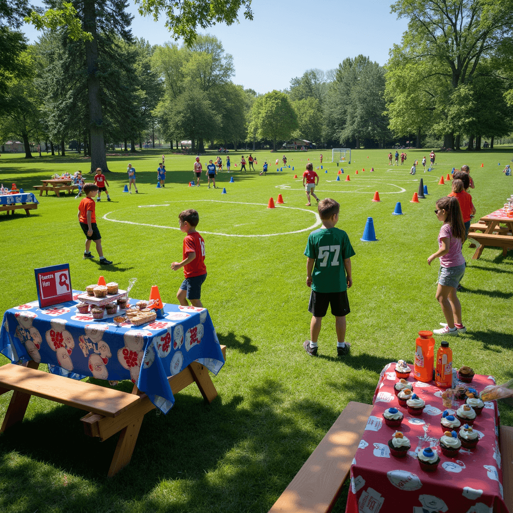 Epic Boys' Birthday Party Ideas: The Ultimate Guide to Unforgettable Celebrations A vibrant sports-themed birthday party in a park featuring mini soccer, basketball, and flag football fields marked with colorful cones, a scoreboard banner displaying the birthday boy's name, picnic tables with team jersey tablecloths, and kids in sports uniforms engaged in various skill challenges under a bright, sunny sky.