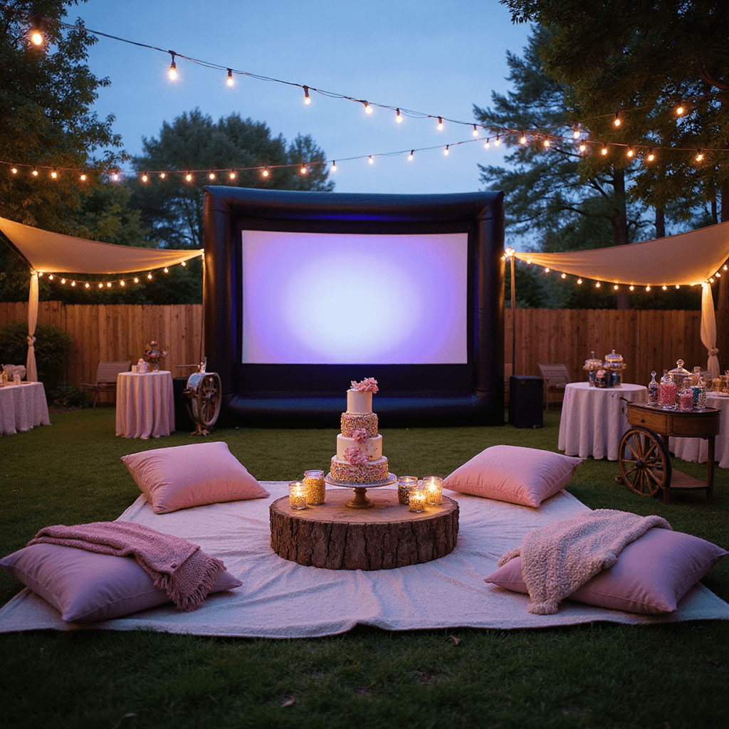 Epic Boys' Birthday Party Ideas: The Ultimate Guide to Unforgettable Celebrations A whimsical outdoor movie night birthday party at twilight features a giant inflatable screen, cozy floor cushions, and pastel-draped low tables under fairy lights. A vintage popcorn cart and colorful candy buffet add charm, while plush blankets and a film reel cake complete the magical ambiance. Stars begin to appear in the dusky sky.