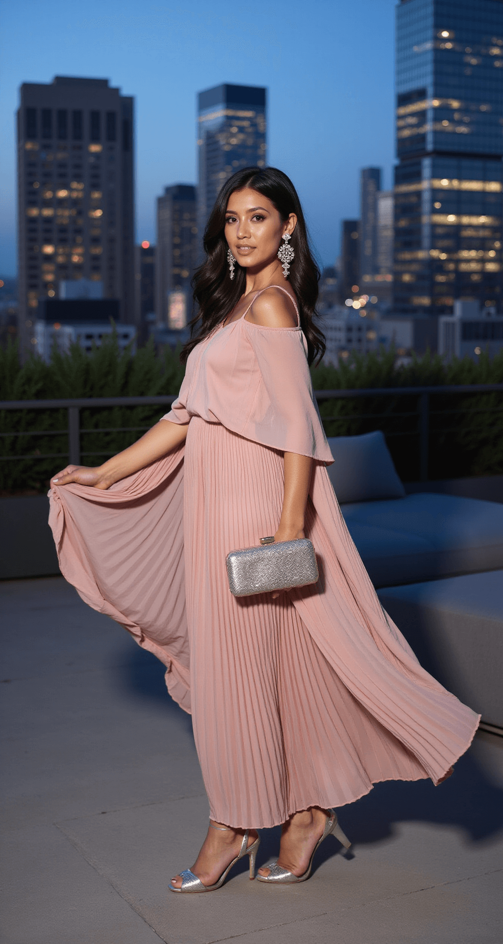 Spring Wedding Guest Dress Guide: Your Ultimate Style Guide for 2024 A model in a blush pink pleated maxi dress with a cape-style overlay poses on a modern rooftop terrace during blue hour, with the city skyline in the background. Her outfit is complemented by statement chandelier earrings, a metallic box clutch, and silver stilettos, with dramatic lighting highlighting the flowing movement of the dress caught in the evening breeze.