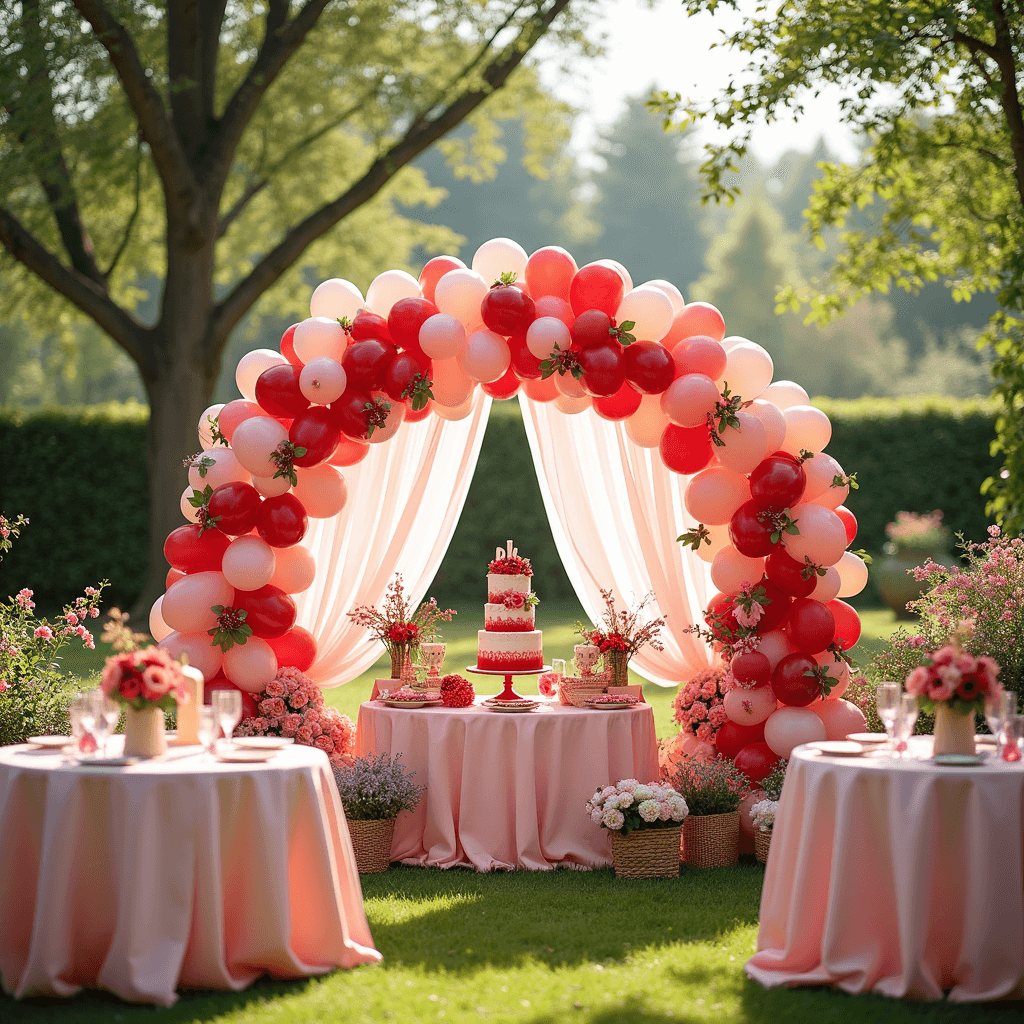 One-derful: Magical First Birthday Party Ideas for Your Little Girl Whimsical 'Berry Sweet Celebration' first birthday party in a sunlit garden, featuring round tables with pink linens, strawberry centerpieces, a balloon arch, a berry-themed cake, plush berry decorations, a berry picking station, floral garlands, tulle drapery, and fairy lights.
