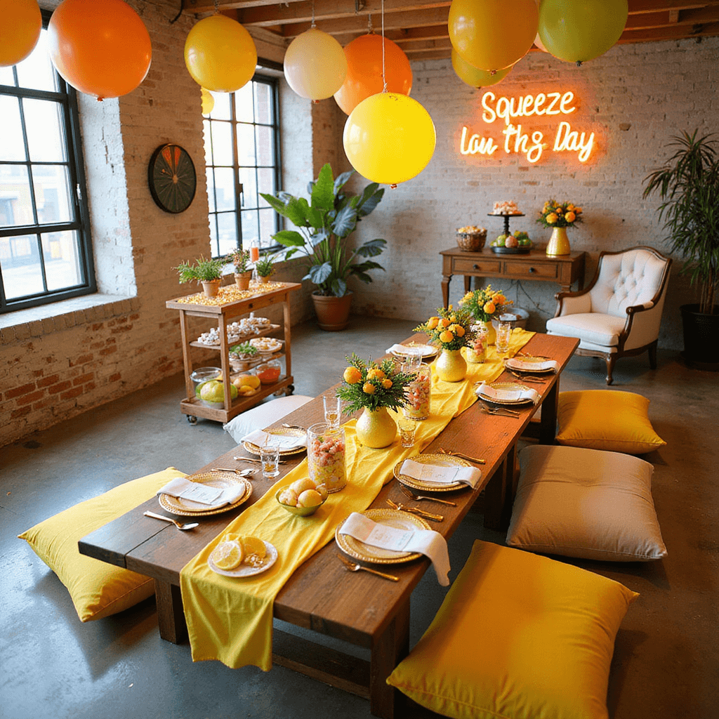 One-derful: Magical First Birthday Party Ideas for Your Little Girl An overhead view of a lively Citrus Sunshine Party in a bright loft, featuring a long farm table with a yellow runner and citrus centerpieces, orange and lemon balloon garlands, a glowing 'Squeeze the Day' neon sign, gold-rimmed place settings with mini citrus holders, a dessert cart with a lemon cake, and cozy sunny-colored floor cushions.