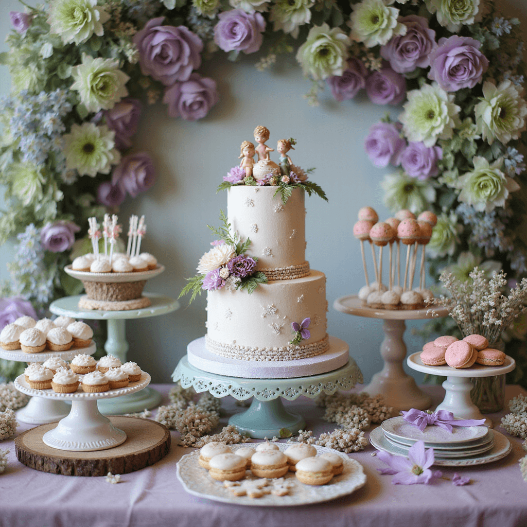 One-derful: Magical First Birthday Party Ideas for Your Little Girl A whimsical dessert table for an 'Enchanted Garden Fairy Tale' first birthday, featuring a tiered cake with edible flowers, toadstool cake pops, butterfly cookies, and pastel macarons, adorned with cascading silk flowers in lavender and mint green, twinkling fairy lights, and a flower crown making station in the foreground.