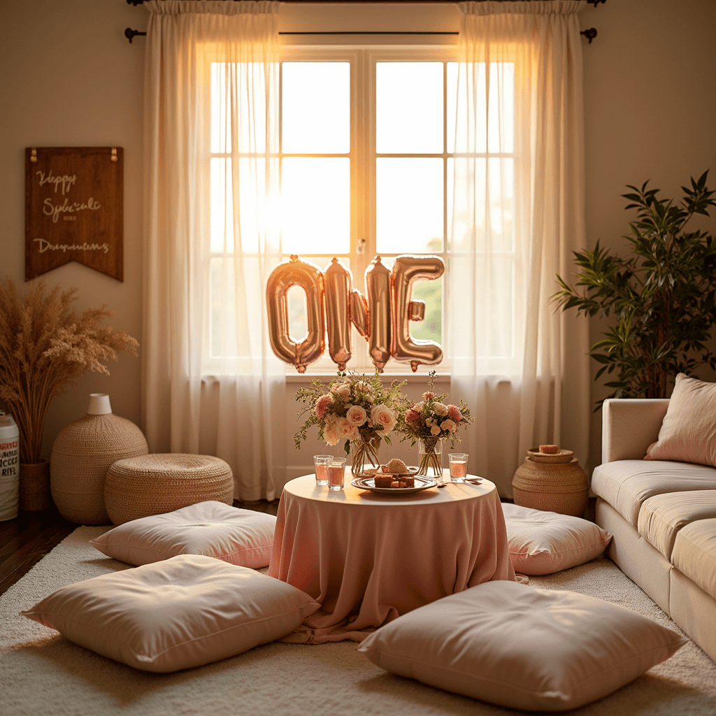 One-derful: Magical First Birthday Party Ideas for Your Little Girl A cozy living room bathed in golden hour light, decorated for a first birthday celebration with blush linens, fresh flowers, plush pastel cushions, a rose gold 'ONE' balloon sculpture, a milestone photo display on reclaimed wood, and a handcrafted name banner. Soft textiles and candles add warmth and texture to the inviting atmosphere.