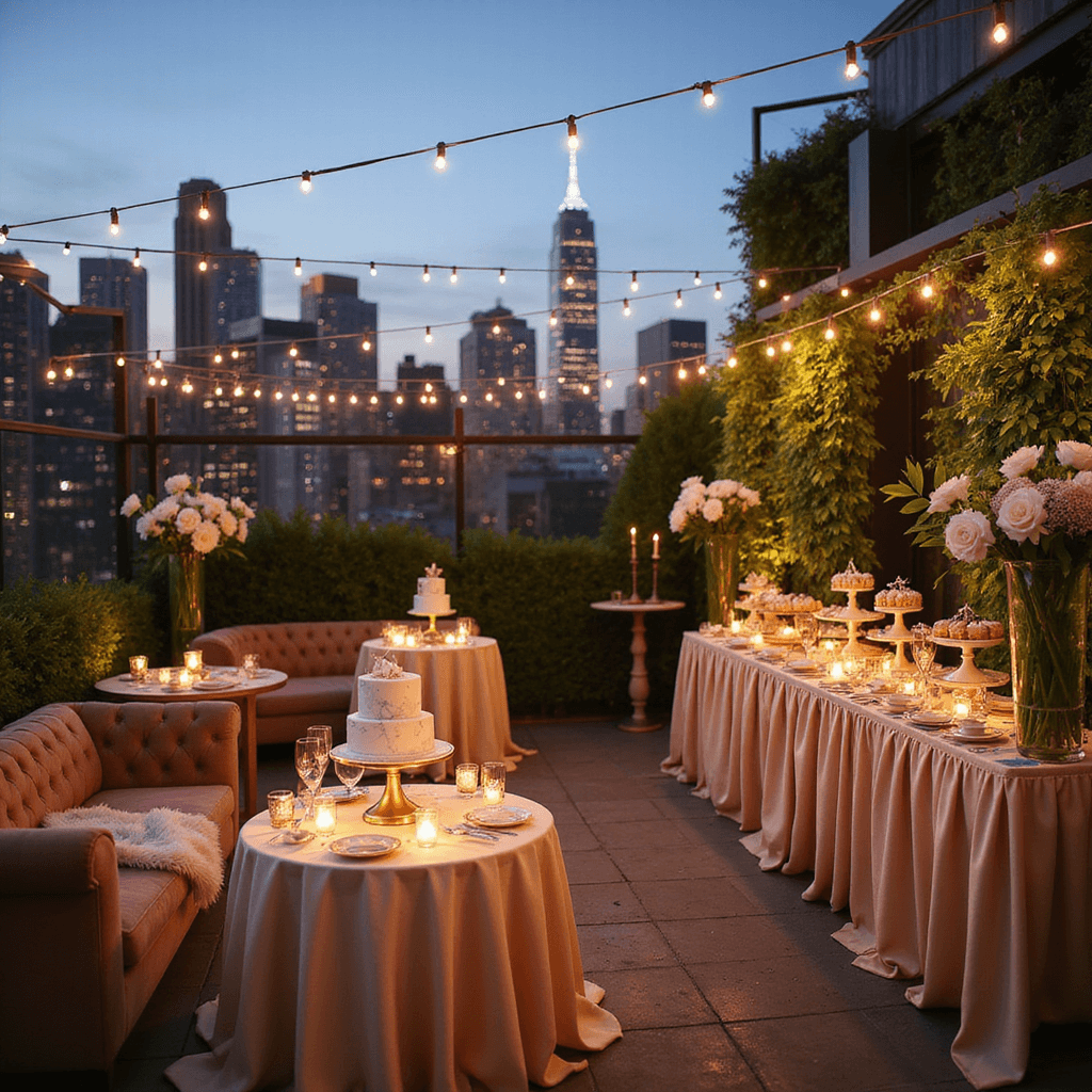 One-derful: Magical First Birthday Party Ideas for Your Little Girl An elegant rooftop terrace birthday party at dusk, adorned with string lights and candles, showcasing a beautifully arranged dessert station, plush seating areas, and lush floral centerpieces against a sparkling city skyline.