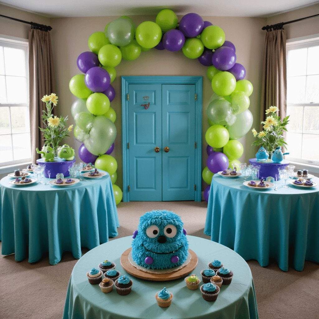 Monsters Inc Birthday Party: The Ultimate Guide to a Roaring Celebration A vibrant Monsters Inc themed birthday party in a cozy living room, featuring a DIY door backdrop, aqua blue tables with balloon centerpieces, a balloon arch, and a dessert table with a tiered Sully cake and Mike Wazowski cupcakes, all illuminated by soft afternoon light.