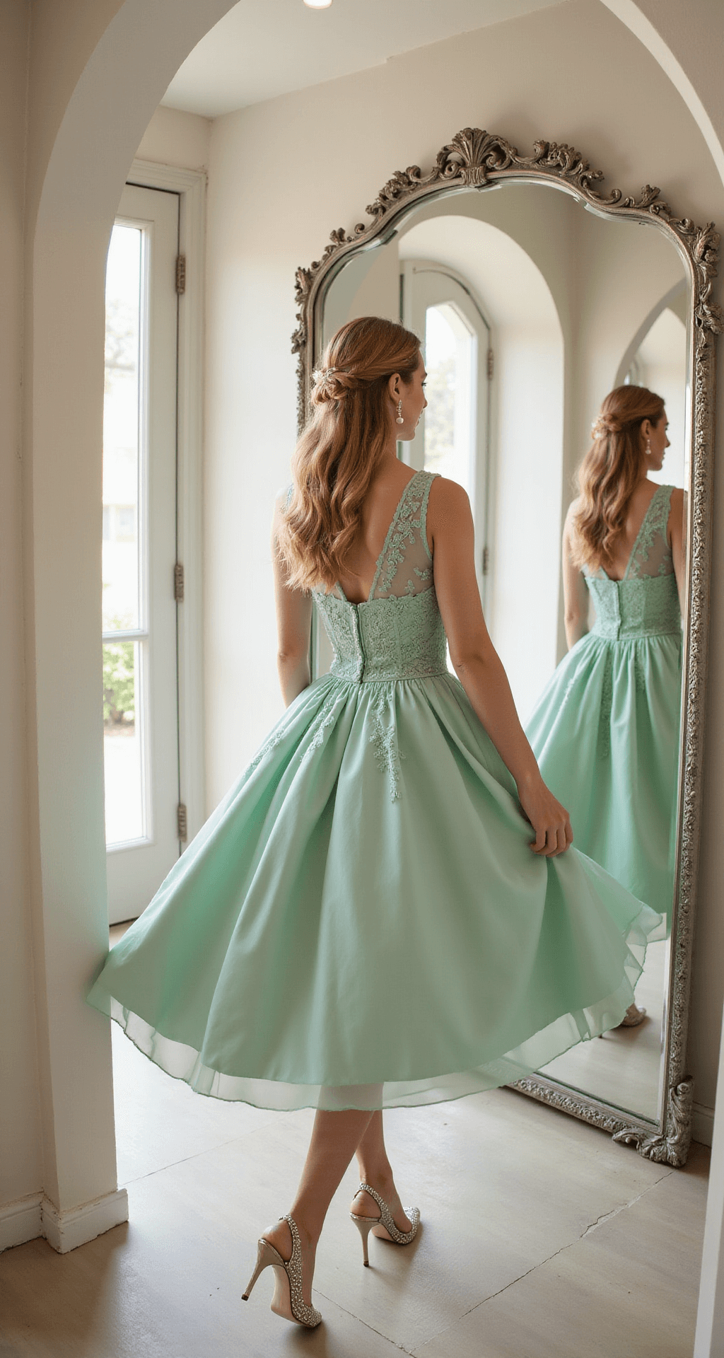 Spring Wedding Guest Dress Guide: Your Ultimate Style Guide for 2024 A model twirls in a mint green tea-length dress with lace overlay in a bright boutique, her reflection captured in triple mirrors. She accessorizes with pearl drop earrings, crystal-embellished pumps, and a small structured handbag, all set against elegant archways and a dreamy soft focus.