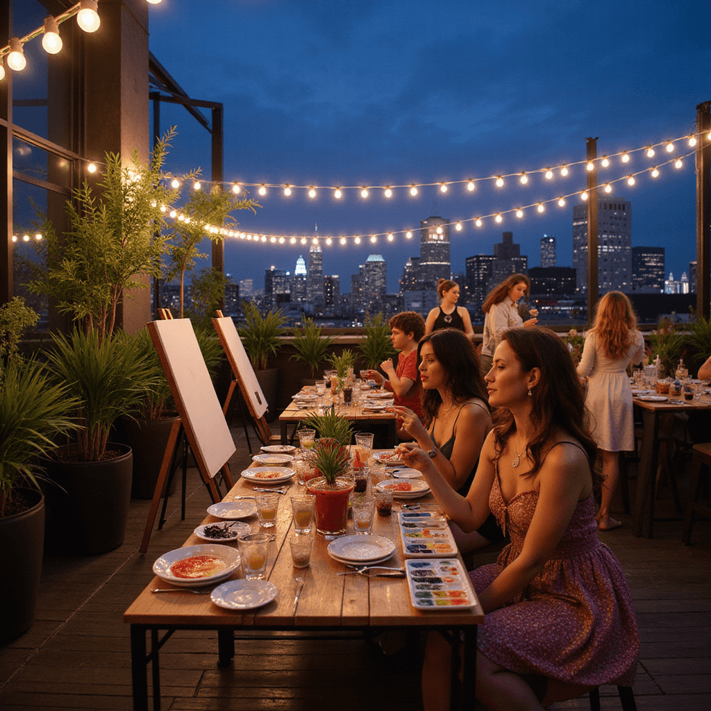Exciting Teen Birthday Party Ideas: Epic Celebrations That'll Make Memories Last A stylish rooftop art studio at night, featuring easels and colorful paint palettes on a table, surrounded by potted plants and illuminated by soft uplighting and string lights. Teens in fashionable clothing enjoy painting and mocktails, with a twinkling city skyline in the background.