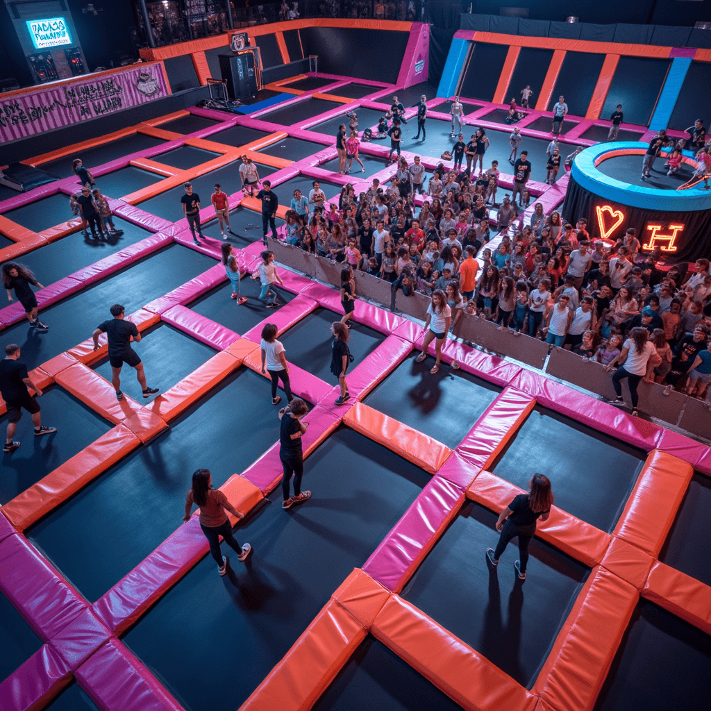 Exciting Teen Birthday Party Ideas: Epic Celebrations That'll Make Memories Last Overhead view of a vibrant trampoline park filled with bouncing teens, illuminated by neon lights, featuring foam pits and obstacle courses, a DJ booth energizing the atmosphere, decorated lockers, and groups of friends laughing and performing flips.