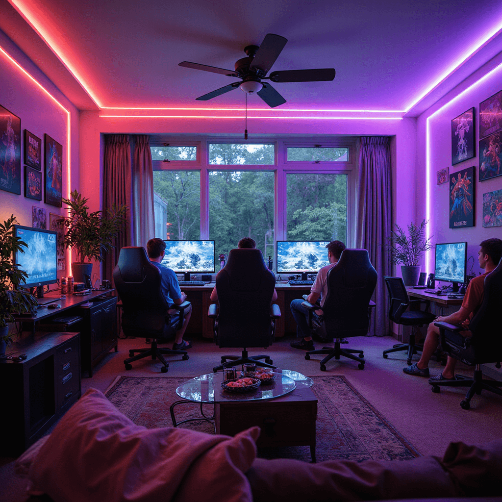 Exciting Teen Birthday Party Ideas: Epic Celebrations That'll Make Memories Last A vibrant gaming paradise featuring multiple gaming stations with large screens, neon-lit chairs, a snack bar with gamer-themed treats, a virtual reality setup, and walls decorated with gaming posters and LED strip lights, with teens focused on their games.