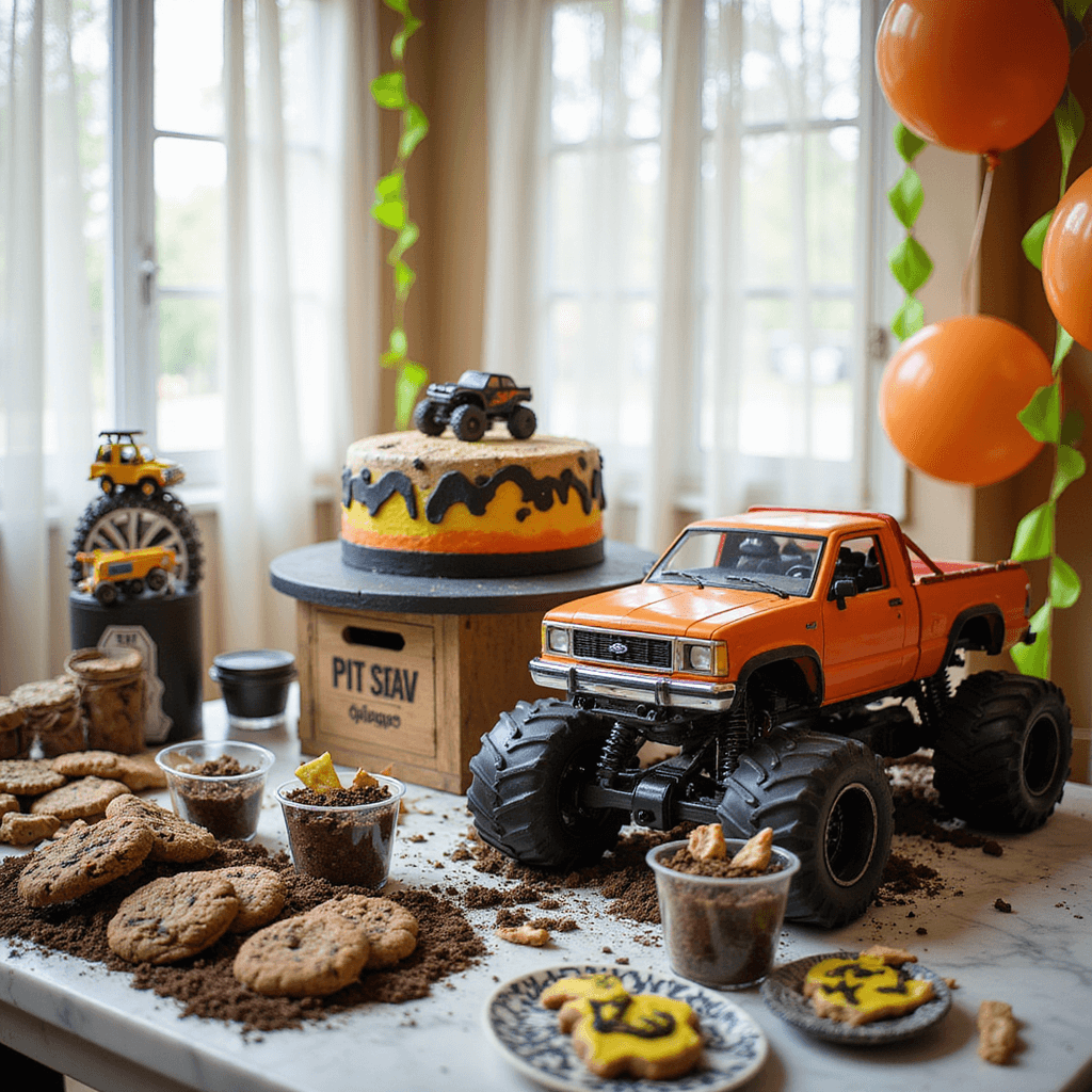 Monster Jam Birthday Bash: The Ultimate Guide to Creating an Epic Truck-Themed Celebration An indoor Monster Truck party vignette featuring a dessert table styled as a 'Pit Stop', showcasing a monster truck cake, 'dirt' cup desserts, colorful custom cookies, DIY 'driver licenses' as place cards, and metallic balloon garlands in neon green and orange, all bathed in soft natural light.