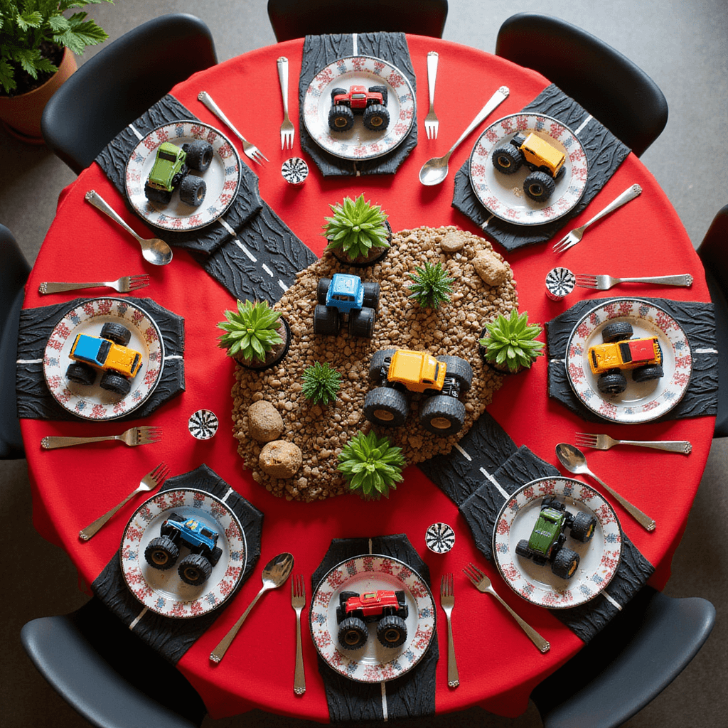 Monster Jam Birthday Bash: The Ultimate Guide to Creating an Epic Truck-Themed Celebration Overhead view of a whimsical Monster Jam party table featuring a red tablecloth with black tire tread patterns, monster truck-shaped plates, 'road' placemats, and 'traffic light' utensil holders. The centerpiece showcases a miniature 'rock crawling' landscape with pebbles, succulents, and toy trucks, surrounded by checkered flags and traffic cones, all under soft, diffused lighting.