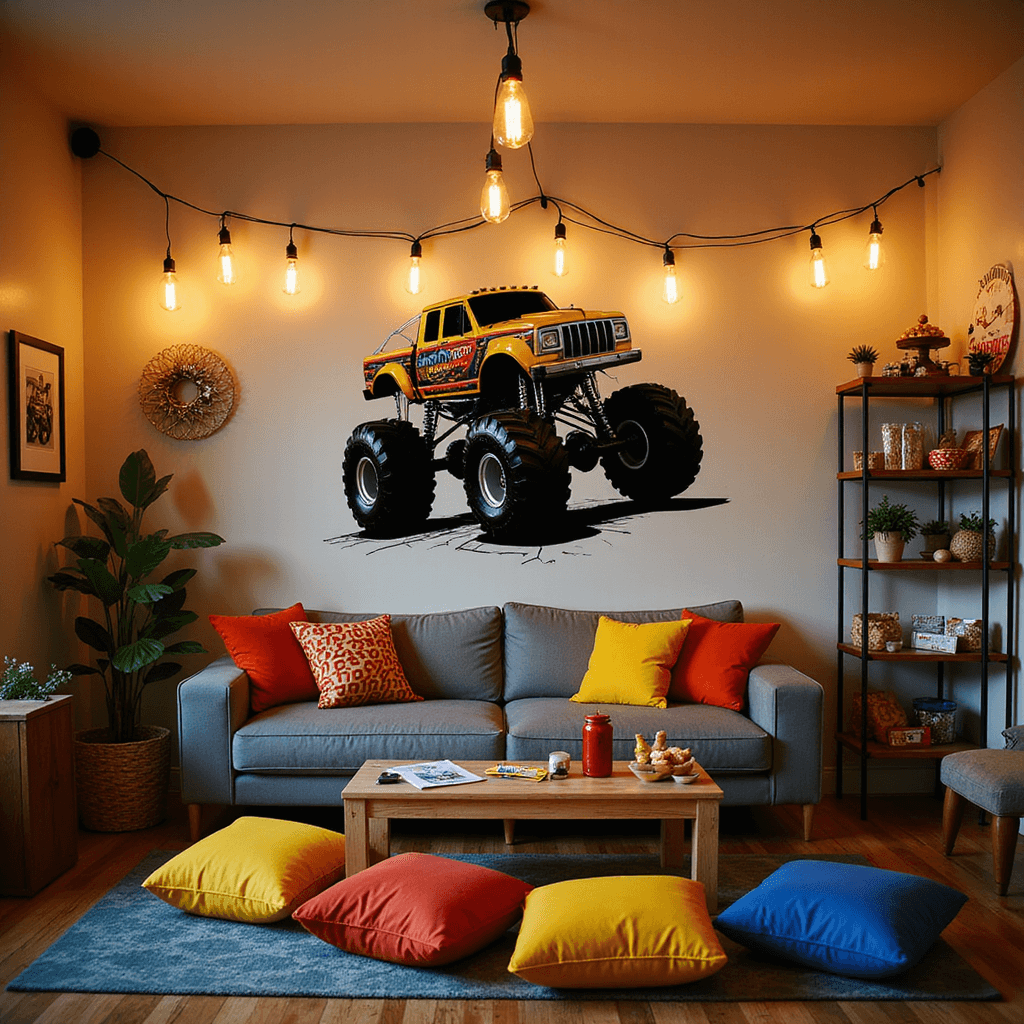 Monster Jam Birthday Bash: The Ultimate Guide to Creating an Epic Truck-Themed Celebration A warm and inviting living room transformed for a Monster Truck celebration, featuring a large vinyl decal of a roaring monster truck on a feature wall, a low table with colorful floor cushions for a 'build your own truck' activity, themed party favors on shelving units, a snack station labeled 'Parts Department', and ambient lighting from Edison bulbs and lamps creating dramatic shadows of truck silhouettes.