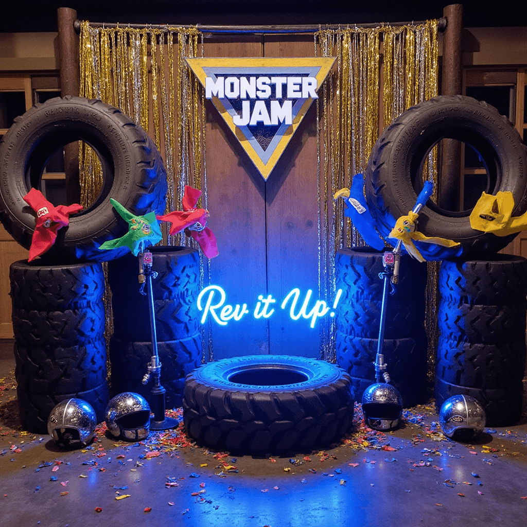 Monster Jam Birthday Bash: The Ultimate Guide to Creating an Epic Truck-Themed Celebration A vibrant Monster Jam photo booth scene featuring a rustic wood backdrop, oversized tire cutouts, metallic streamers, and a real truck tire prop surrounded by racing helmets and handheld flags. A neon 'Rev It Up!' sign glows blue, while confetti cannons are poised for action, all captured from a low angle to highlight the energetic atmosphere.