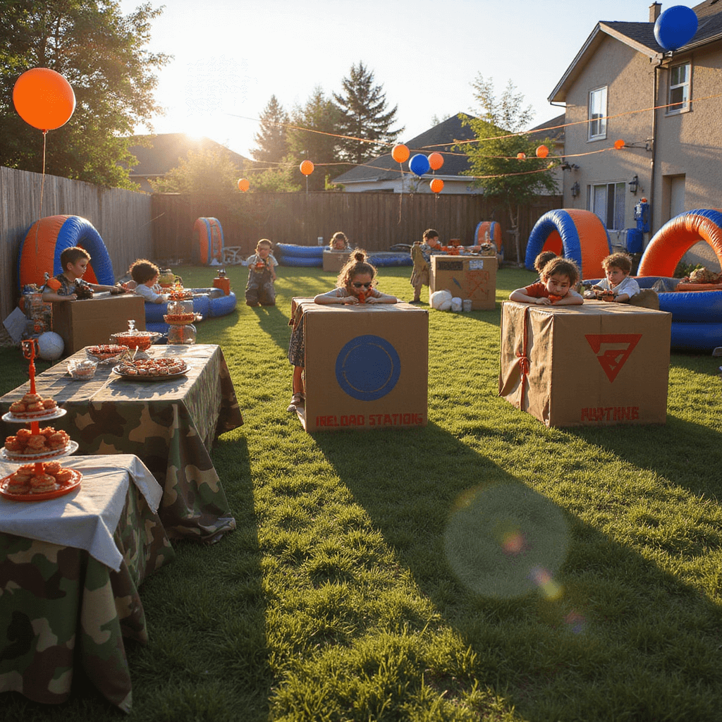Ultimate Guide to Nerf Birthday Party Ideas: Create an Epic Battle Celebration! A vibrant backyard setup for a Nerf battle at golden hour, featuring cardboard bunkers, inflatable obstacles, and kids in safety goggles with Nerf guns, surrounded by orange and blue balloons and streamers. A 'Reload Station' displays snacks like bullseye cookies, all under soft evening light.