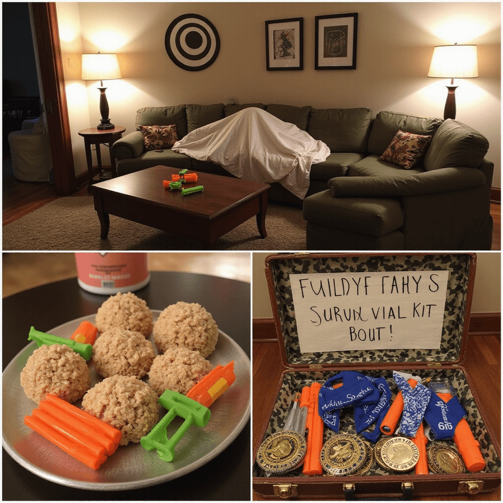 Ultimate Guide to Nerf Birthday Party Ideas: Create an Epic Battle Celebration! A cozy living room transformed into a Nerf party zone, featuring a fort made of sheets and cushions, soft lamp lighting, and a coffee table scattered with colorful Nerf darts and Rice Krispie treat ammo. An oversized target hangs on the wall with camouflage balloons, and a detail shot of a 'Party Favor Survival Kit' in a vintage suitcase includes mini Nerf guns, camo bandanas, and 'Mission Accomplished' medals.