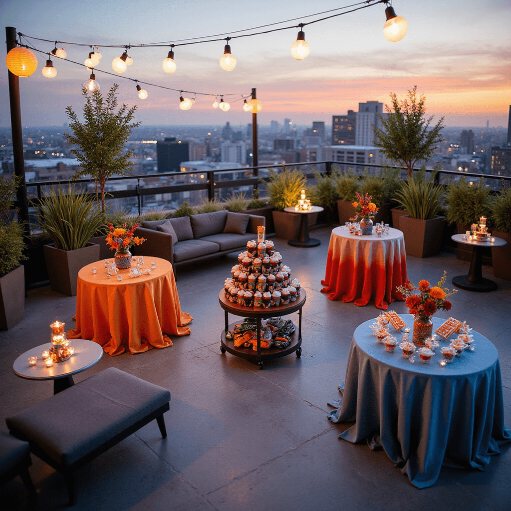 Ultimate Guide to Nerf Birthday Party Ideas: Create an Epic Battle Celebration! A modern rooftop terrace decorated for a twilight Nerf battle celebration, featuring string lights, round tables with ombre linens and Nerf gun flower centerpieces, a dessert cart with themed treats, and lounge areas for strategizing, all against a cityscape backdrop.