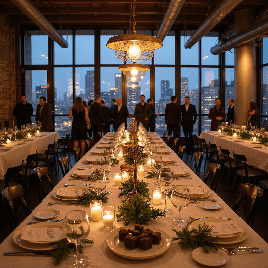 Winter Wonderland: How to Throw an Epic Winter Birthday Bash A modern loft wine tasting event at dusk, featuring floor-to-ceiling windows with a city skyline view, long communal tables with white linens and evergreen centerpieces, elegant glassware at tasting stations, industrial chandeliers, and a dessert table with artisanal chocolates and cheeses, all in a deep burgundy, forest green, and matte gold color palette, with guests in cocktail attire mingling.