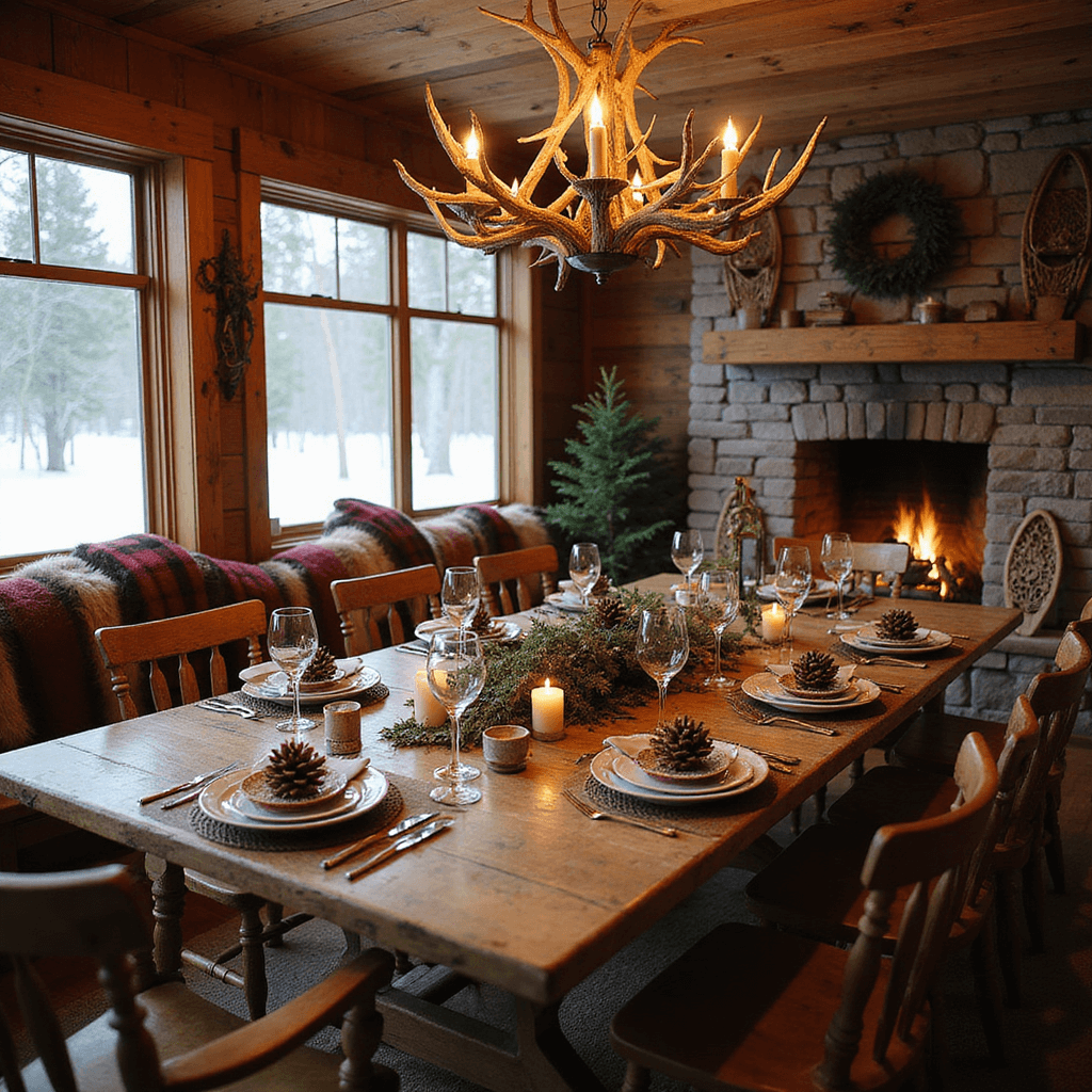 Winter Wonderland: How to Throw an Epic Winter Birthday Bash An intimate winter dinner party in a rustic cabin, featuring a large farmhouse table with mismatched china, pinecone place card holders, and beeswax candles, beneath an antler chandelier. The cozy nook includes window seats with plaid blankets and fur pillows, a crackling stone fireplace, and walls decorated with vintage snowshoes and evergreen wreaths, all set against a serene snow-covered landscape outside.