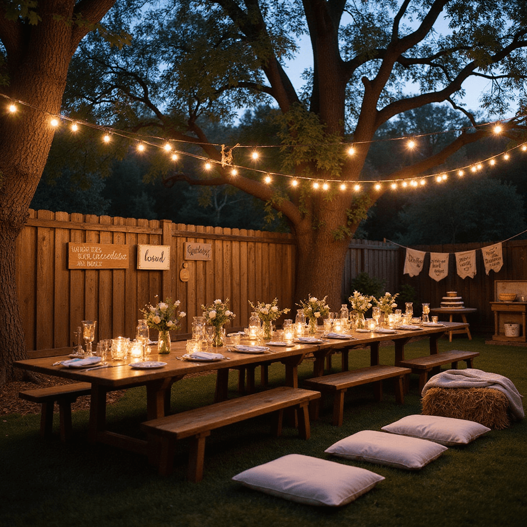 70th Birthday Party Ideas for Dad: A Memorable Celebration Guide An intimate backyard gathering at dusk, featuring a long farmhouse table set with vintage china and wildflower centerpieces, illuminated by fairy lights and lanterns. Wooden signs with handwritten quotes about dad decorate the fence, while a cozy lounge area with floor cushions and blankets is set up near rustic dessert displays of homemade pies. Family photos hang from clotheslines between trees, gently swaying in the breeze.
