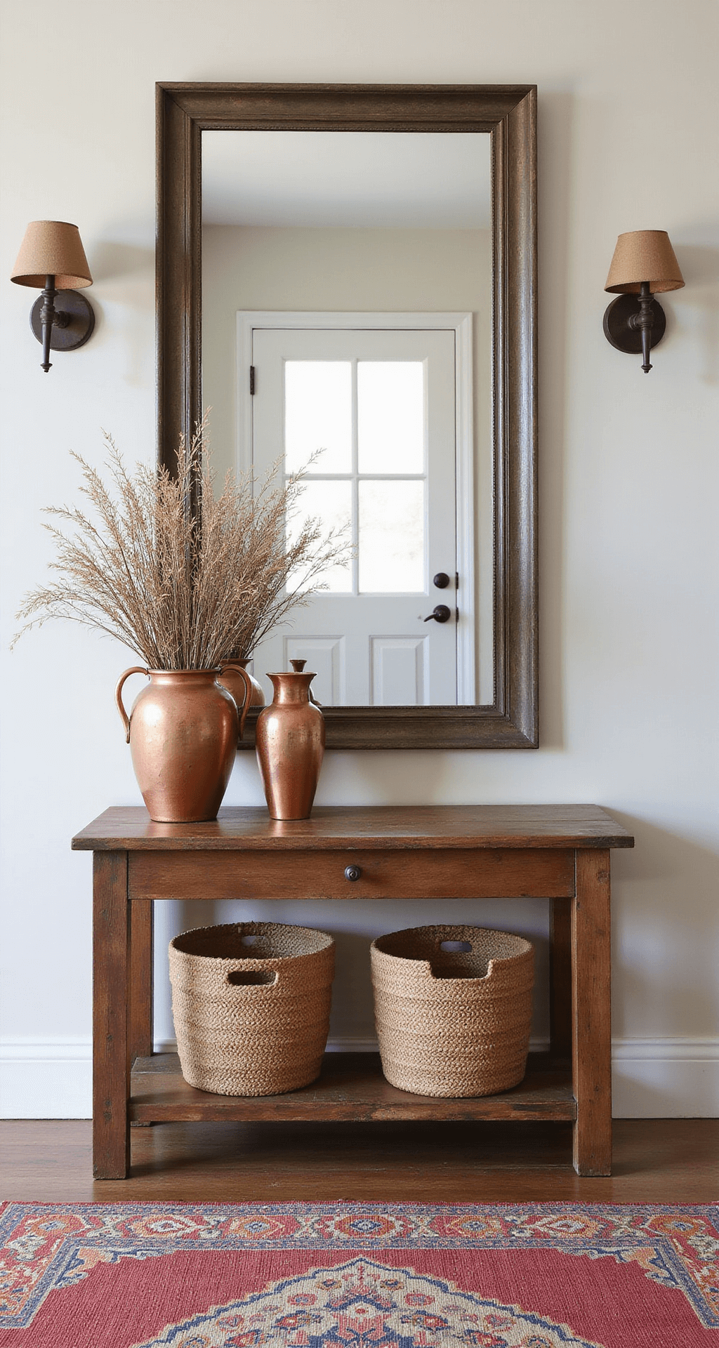 Transform Your Home with Timeless Rustic Elegance A symmetrical entryway featuring a reclaimed wood console table with vintage copper vessels filled with dried botanicals, an oversized antiqued mirror, iron sconces, a vintage kilim runner, a craftsman-style front door with oil-rubbed bronze hardware, and woven storage baskets below, all photographed in natural daylight.