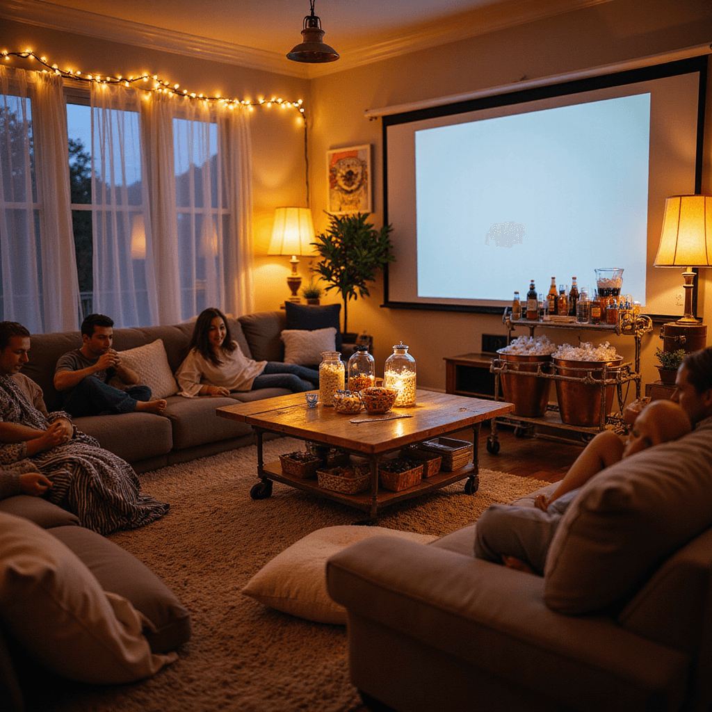 10 Unforgettable Small Birthday Party Ideas That Spark Joy Cozy living room set up for a movie marathon with plush blankets, oversized pillows, a projector screen, twinkling fairy lights, a gourmet popcorn bar, retro candy, and friends enjoying the cinematic atmosphere.