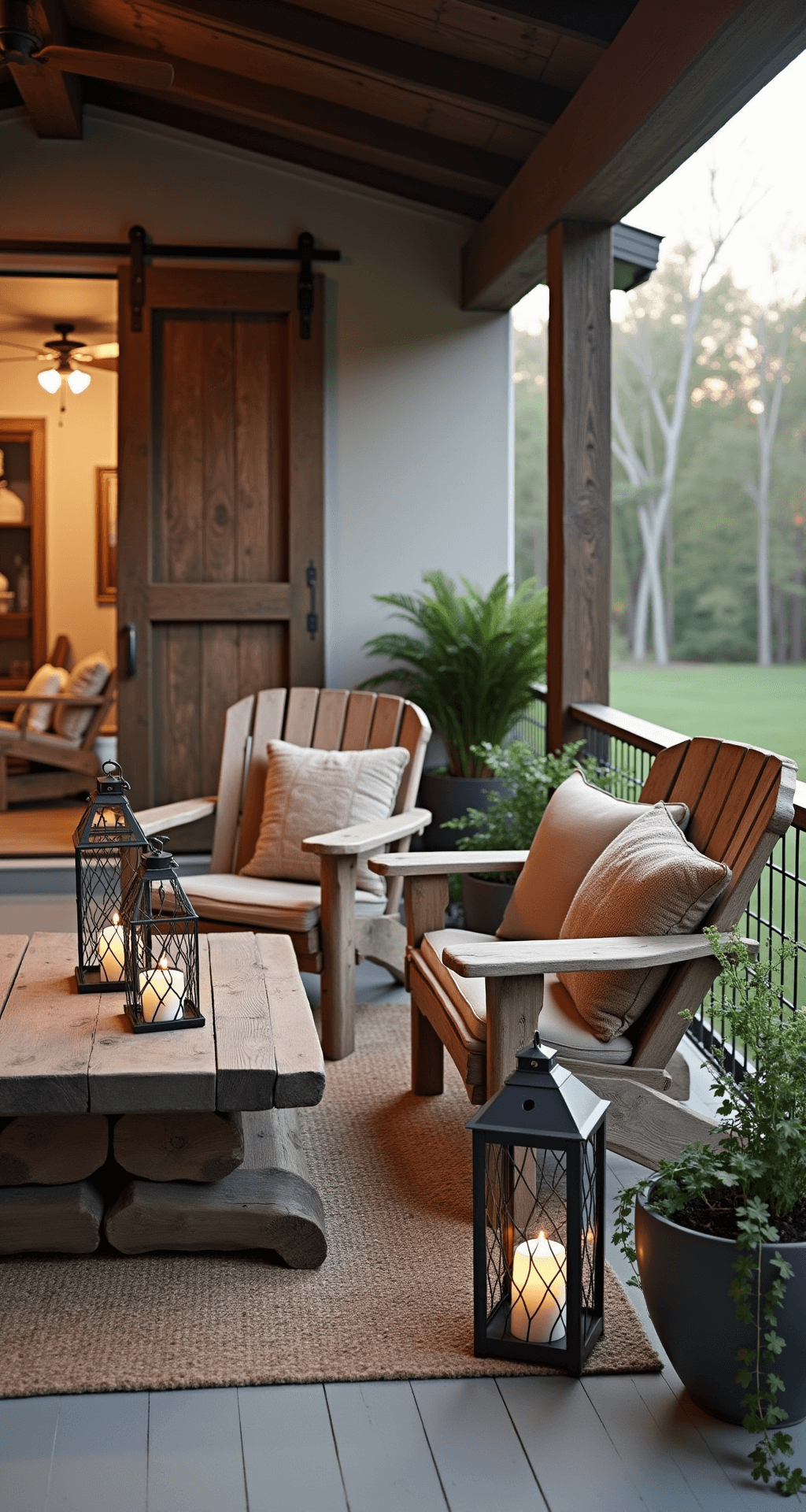 Transform Your Home with Timeless Rustic Elegance A cozy back porch at magic hour featuring weathered Adirondack chairs around a chunky timber coffee table, with iron lanterns and pillar candles for ambiance. Potted ferns and vintage zinc planters enhance the organic feel, while a sliding barn door offers glimpses of the interior. Textured throw pillows in earth tones provide comfort in this inviting indoor-outdoor space.