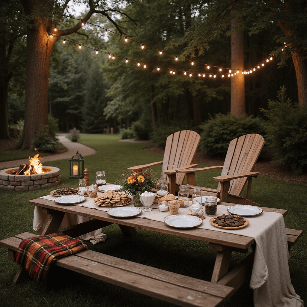 10 Unforgettable Small Birthday Party Ideas That Spark Joy An enchanting backyard scene at dusk featuring a rustic picnic table set for s'mores with mason jars of graham crackers, chocolates, and marshmallows, surrounded by a crackling fire pit, cozy Adirondack chairs, twinkling fairy lights, and lanterns along a winding garden path.