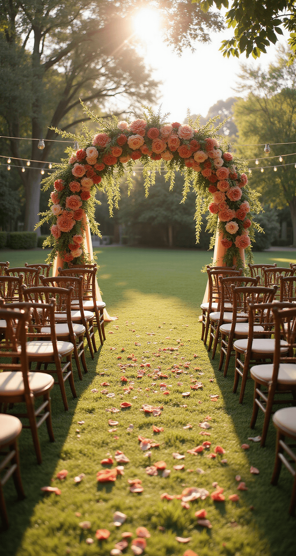 Creating Your Dream Summer Wedding Flower A sunlit garden wedding setup with vintage wooden chairs, floral arrangements of coral and peach roses, a natural floral arch, and scattered rose petals, all illuminated by golden hour light and surrounded by manicured gardens and string lights.